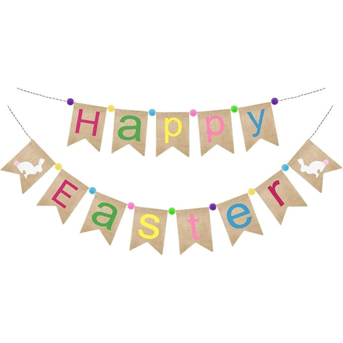 Burlap Easter Banner with Bunnies and Pom Poms – Pre-Assembled Garland