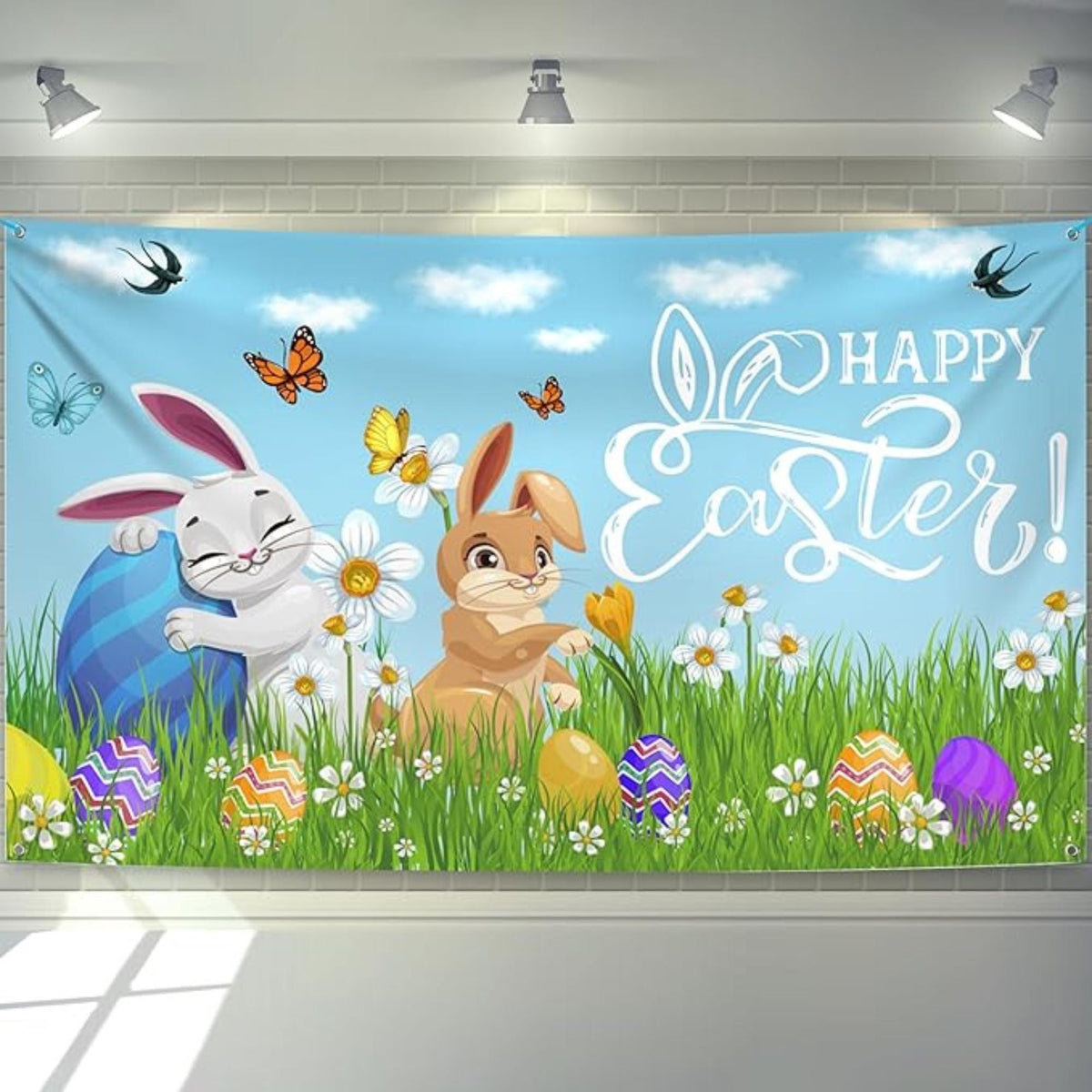 Happy Easter Bunny Backdrop Banner: Spring Party Photography Decor Supplies