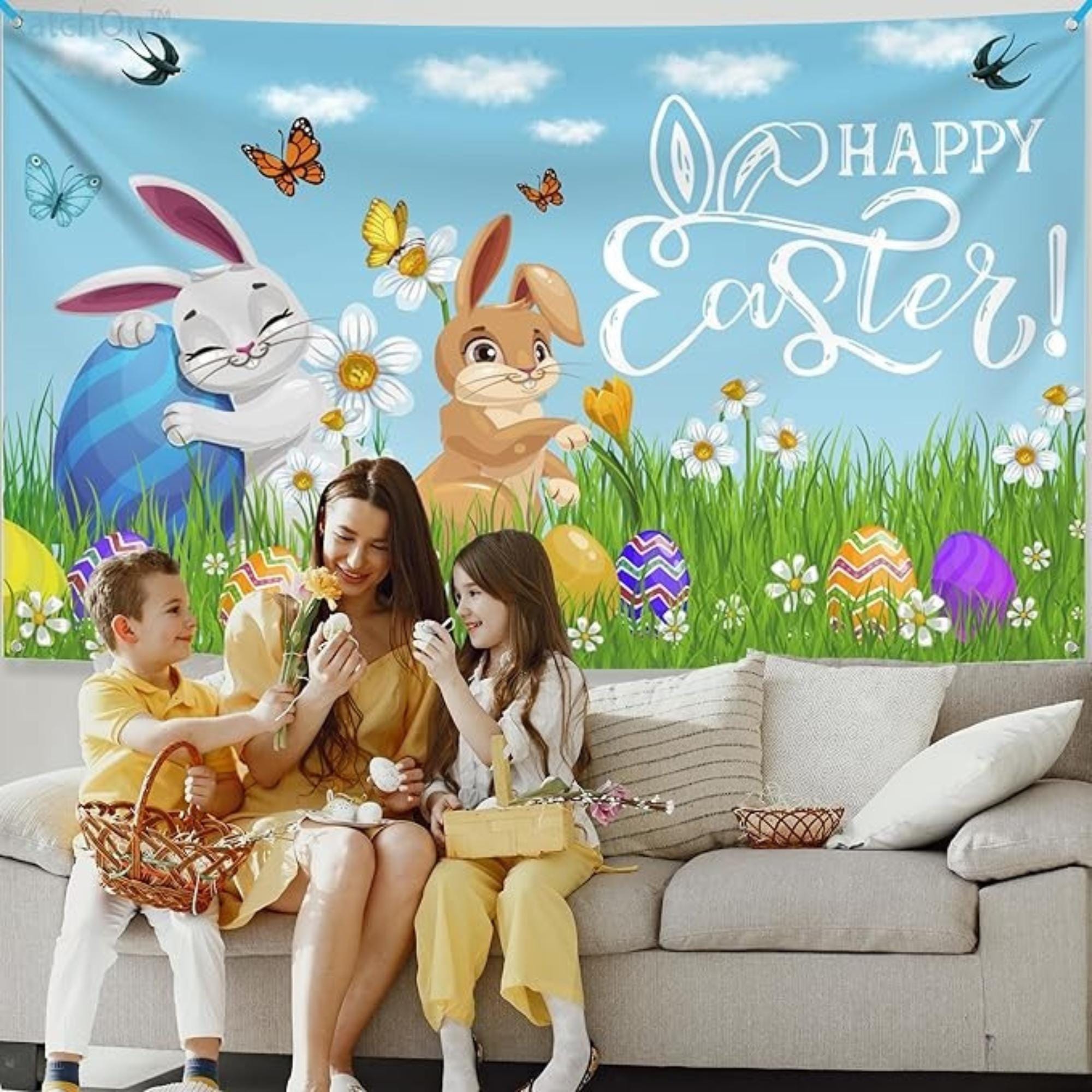 Happy Easter Bunny Backdrop Banner: Spring Party Photography Decor Supplies