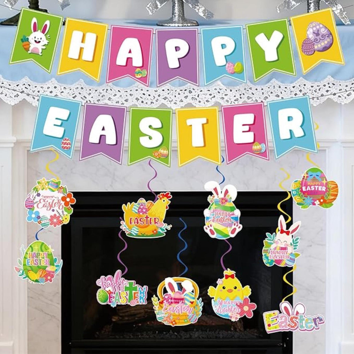 Happy Easter Banner with Egg Bunny Chick Hanging Swirls Indoor Outdoor Party Decor Supplies