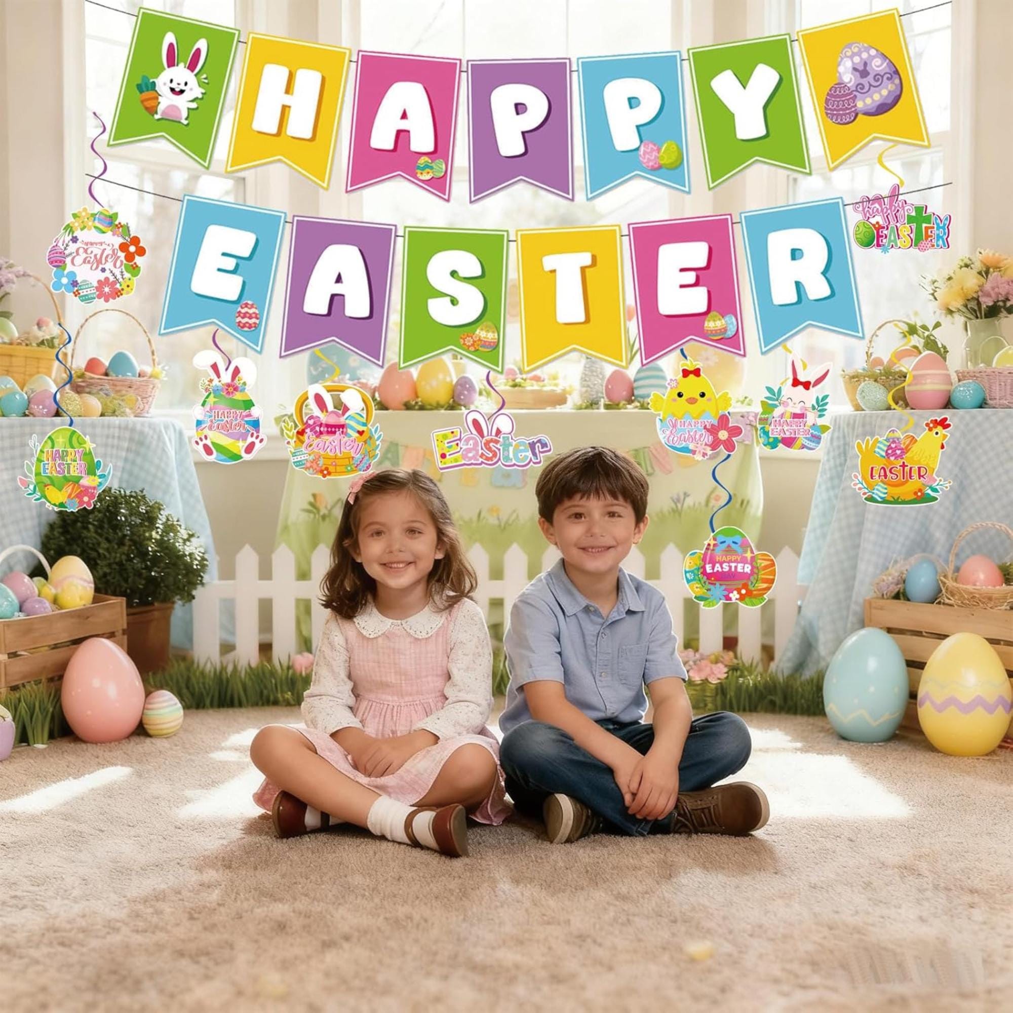Happy Easter Banner with Egg Bunny Chick Hanging Swirls Indoor Outdoor Party Decor Supplies