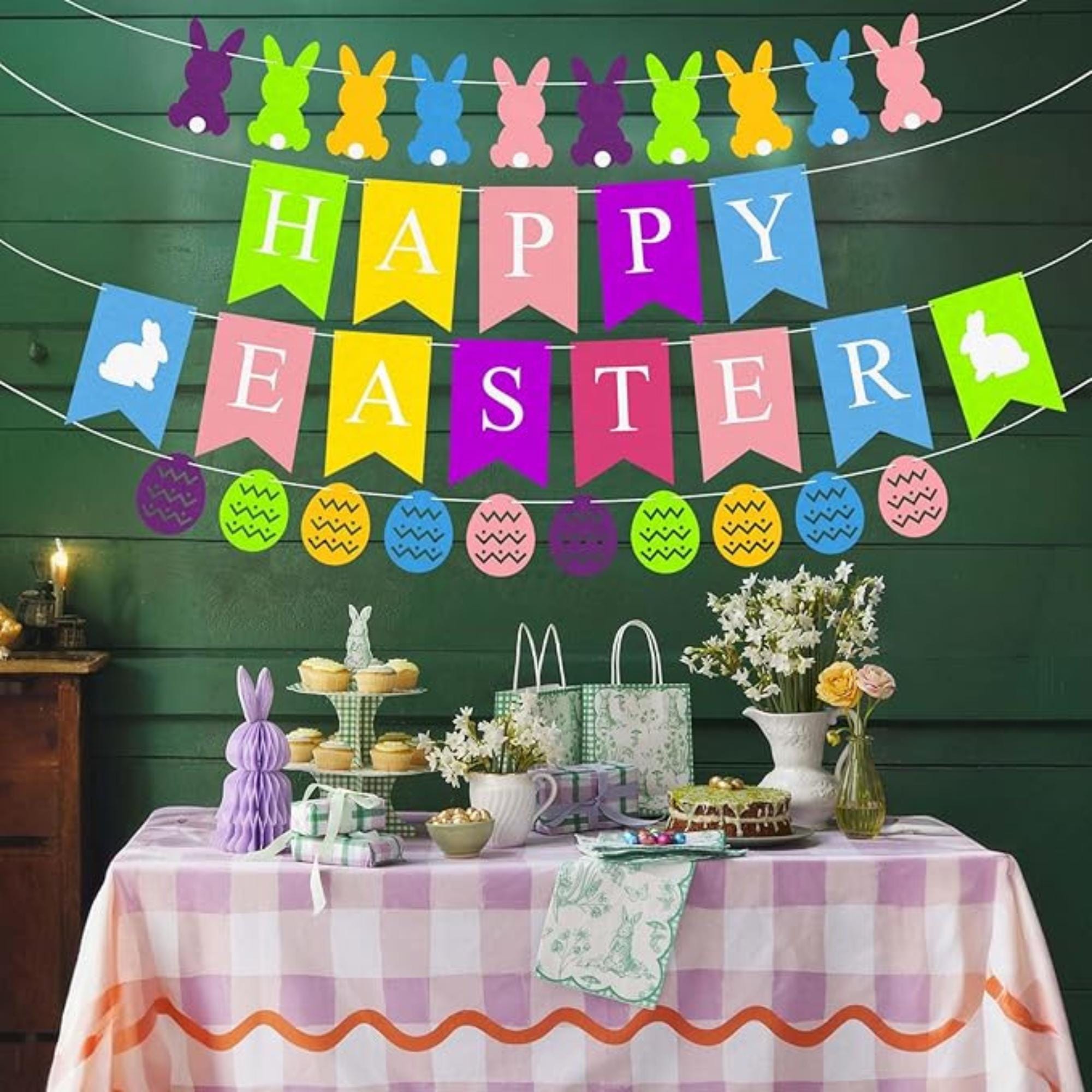 Pre-strung Easter Banner: Happy Easter, Bunny, Egg Garland – Pastel Felt Decor