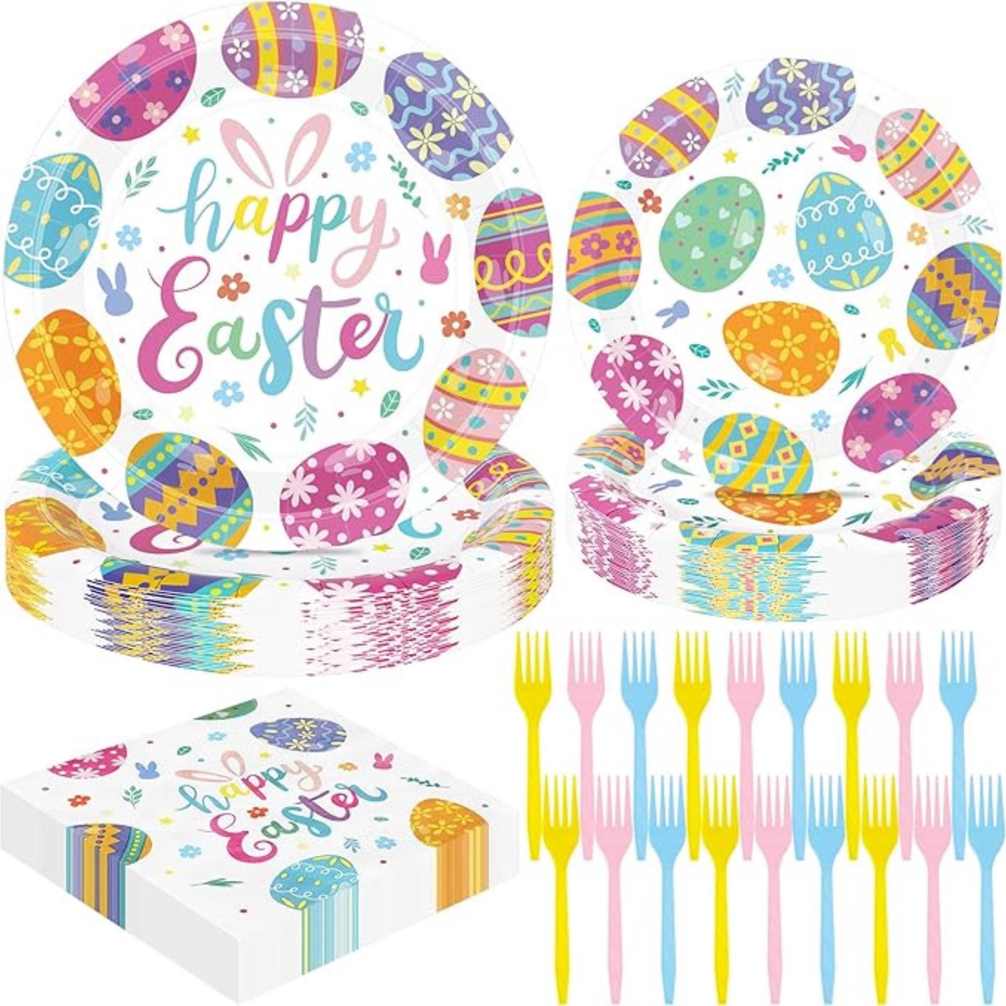Easter Egg Plates and Napkins Set for 24 Guests, Disposable Party Tableware