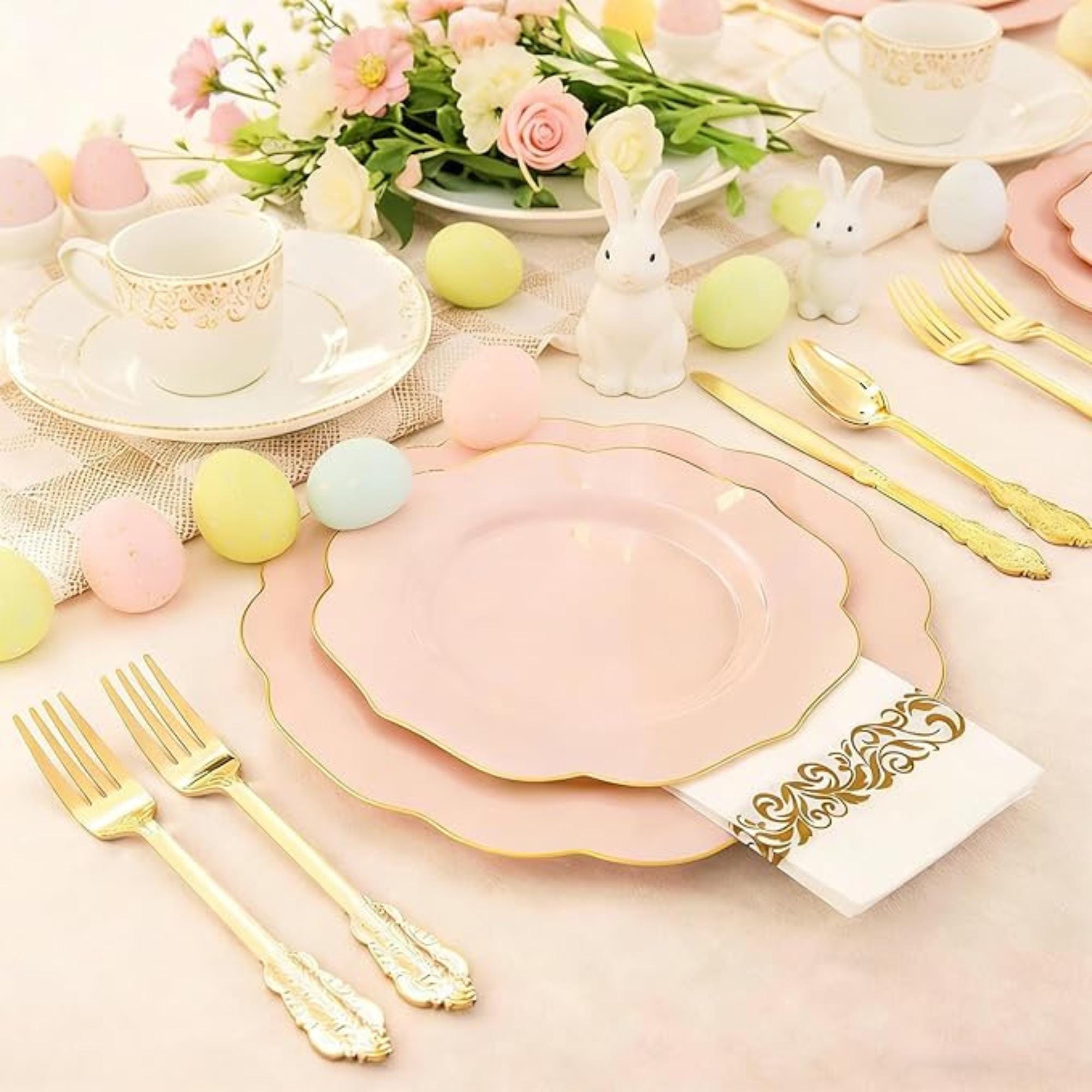 Pink Disposable Party Tableware Set 175 PCS Plates Cups Napkins Gold Cutlery Supplies