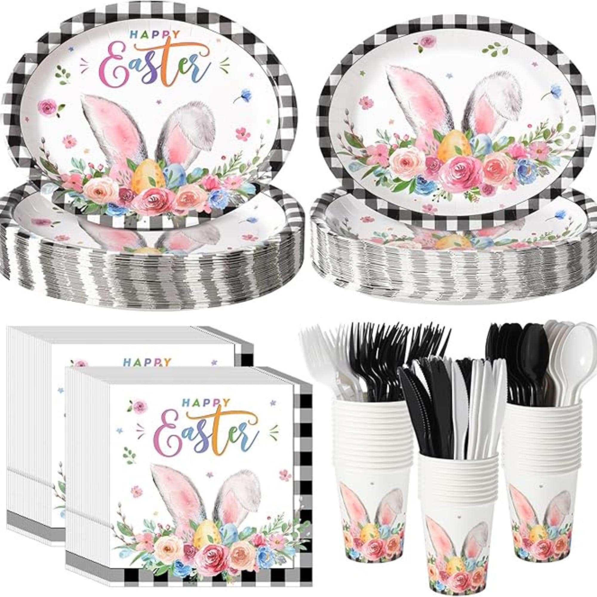 Easter Bunny Party Tableware Set: Buffalo Plaid Plates, Cups, Napkins, Cutlery for 50 Guests