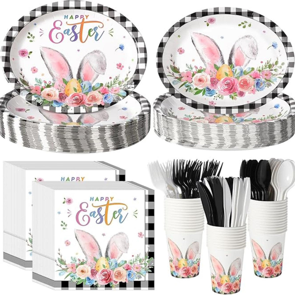 Easter Bunny Party Tableware Set: Buffalo Plaid Plates, Cups, Napkins, Cutlery for 50 Guests