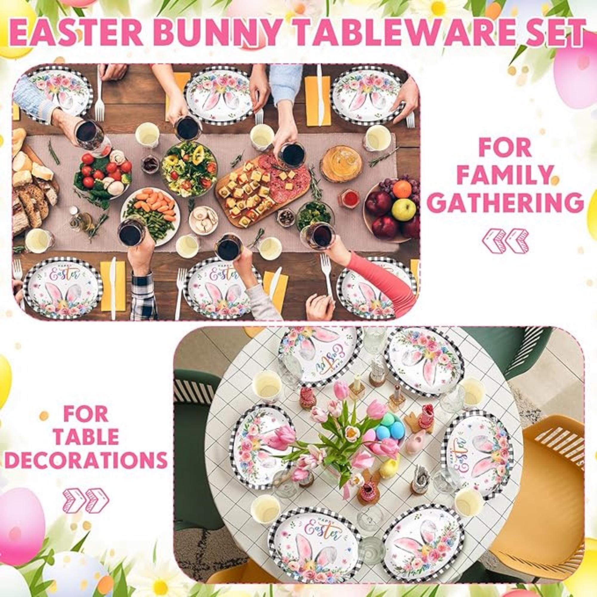 Easter Bunny Party Tableware Set: Buffalo Plaid Plates, Cups, Napkins, Cutlery for 50 Guests