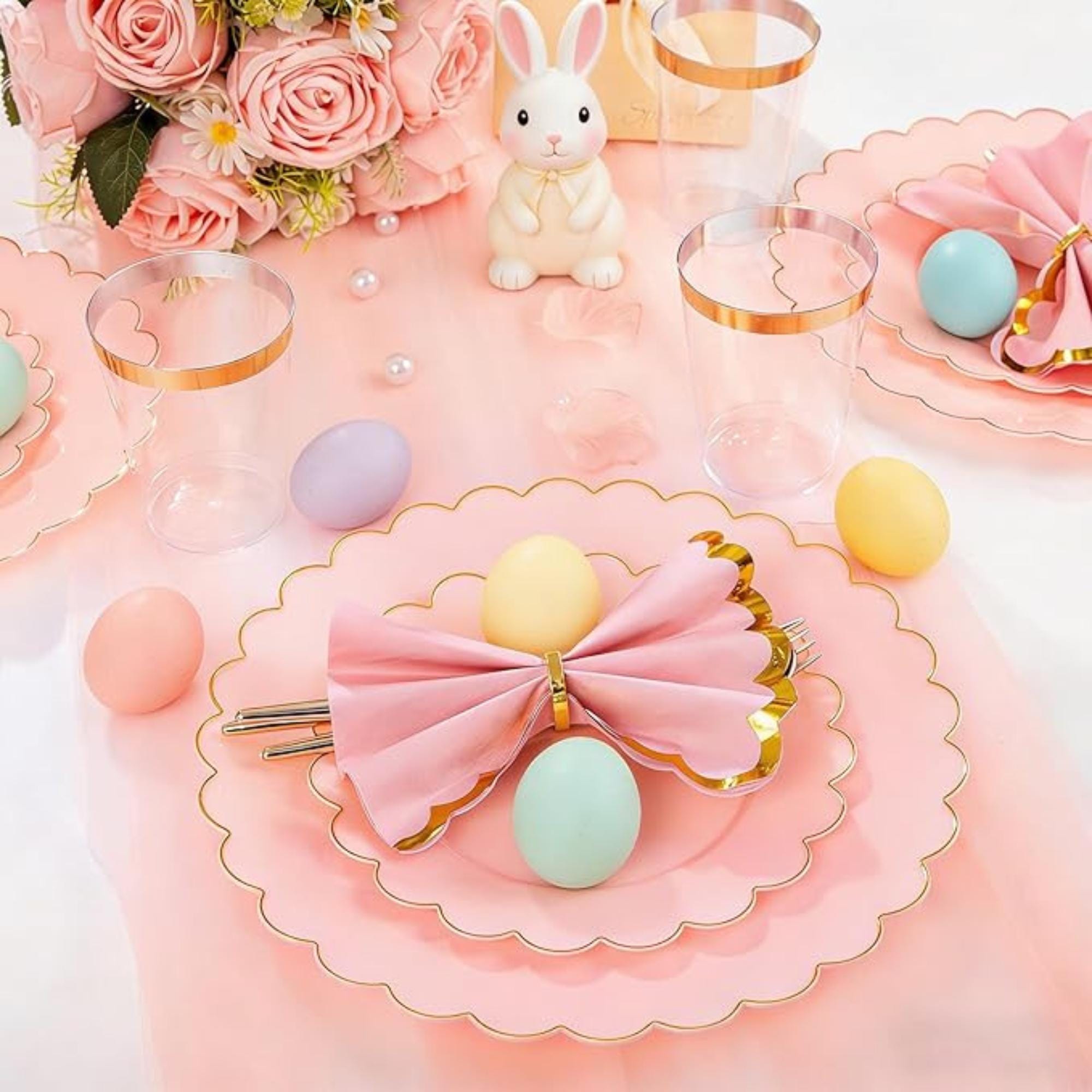 Pink Gold Scalloped Plastic Tableware Set: Plates, Cutlery, Cups for Parties