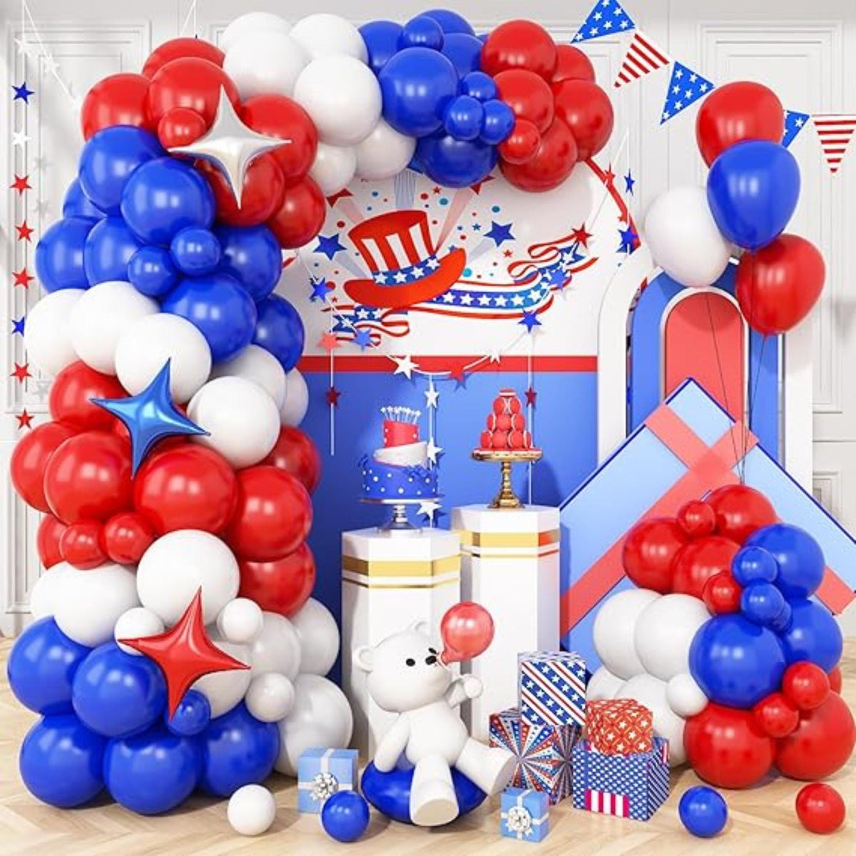 Red White Blue Balloon Arch Kit with Star Balloons for Patriotic Party Decor