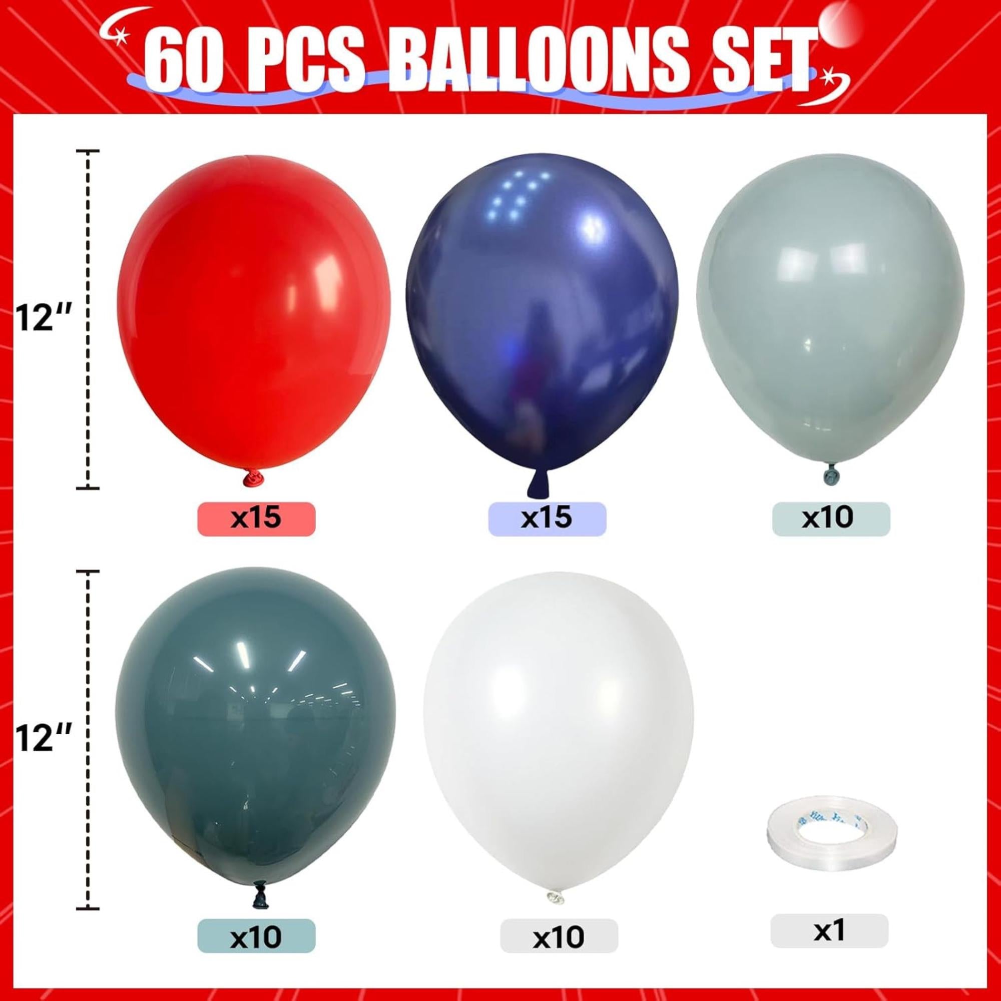 60 Piece Red Blue White Balloons Set for Patriotic Party Decorations