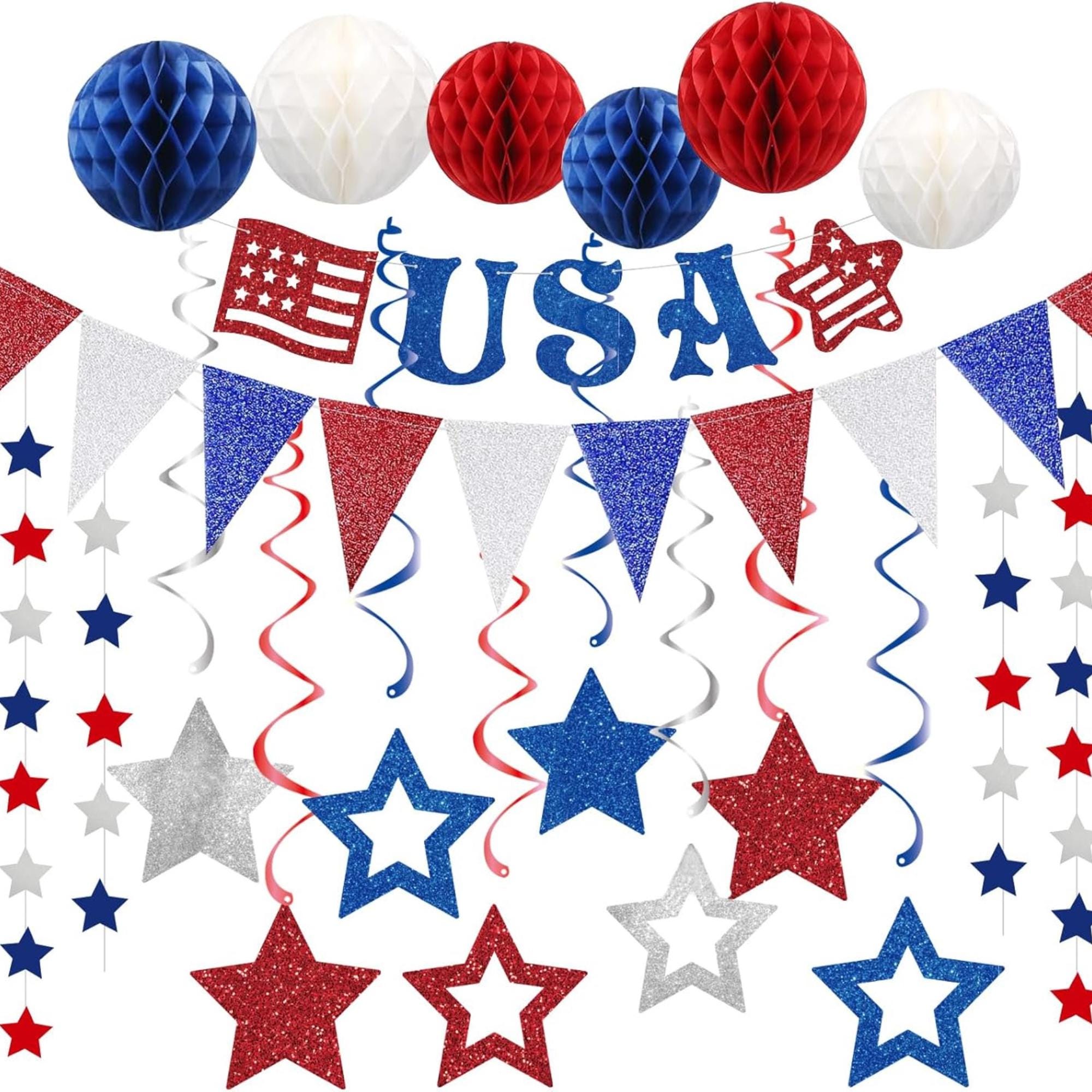 Red White Blue Party Decorations Set with Honeycomb Balls and Star Garland