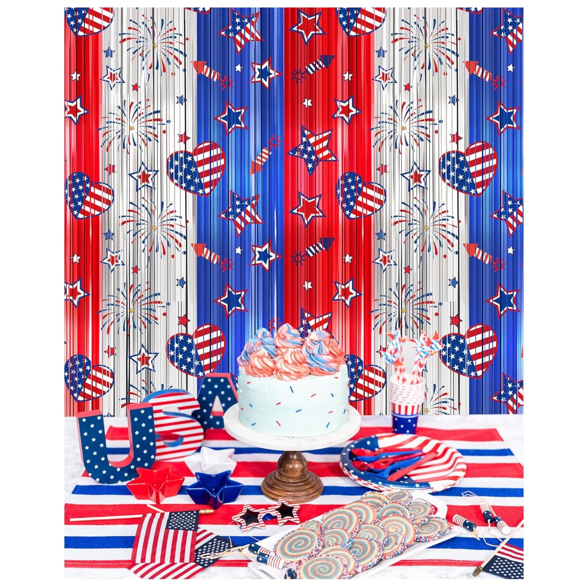 Red White Blue Foil Fringe Curtains Set for Patriotic Party Backdrop Decor