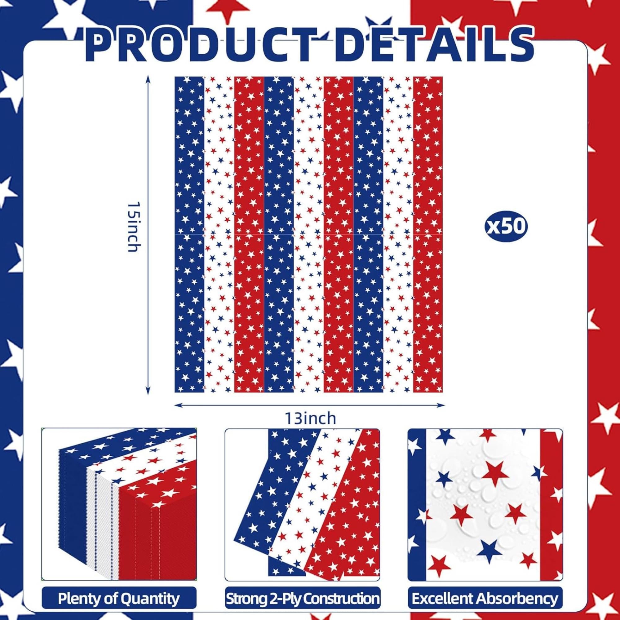 50 Count Patriotic Star Paper Napkins for Party Table Decorations