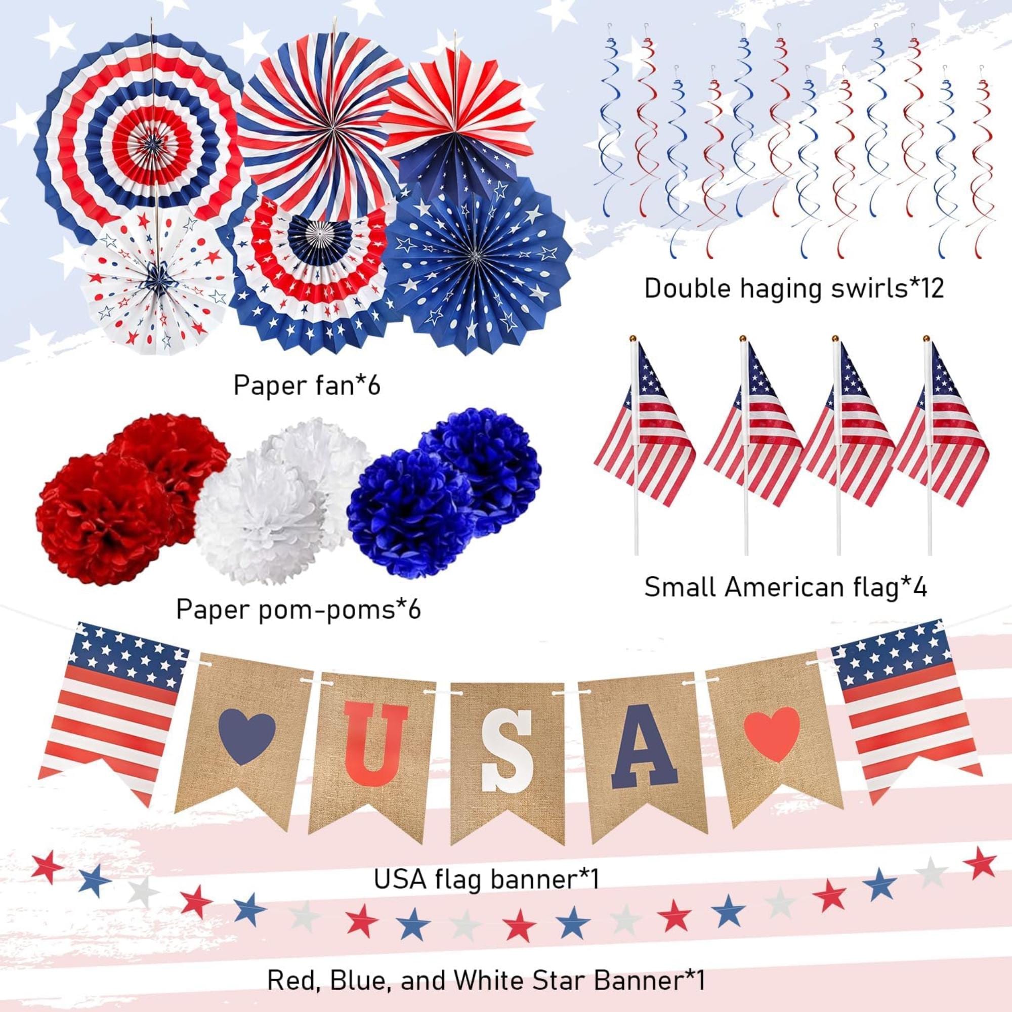 30 Piece Patriotic Party Decorations Set with Banner Fans and Swirls