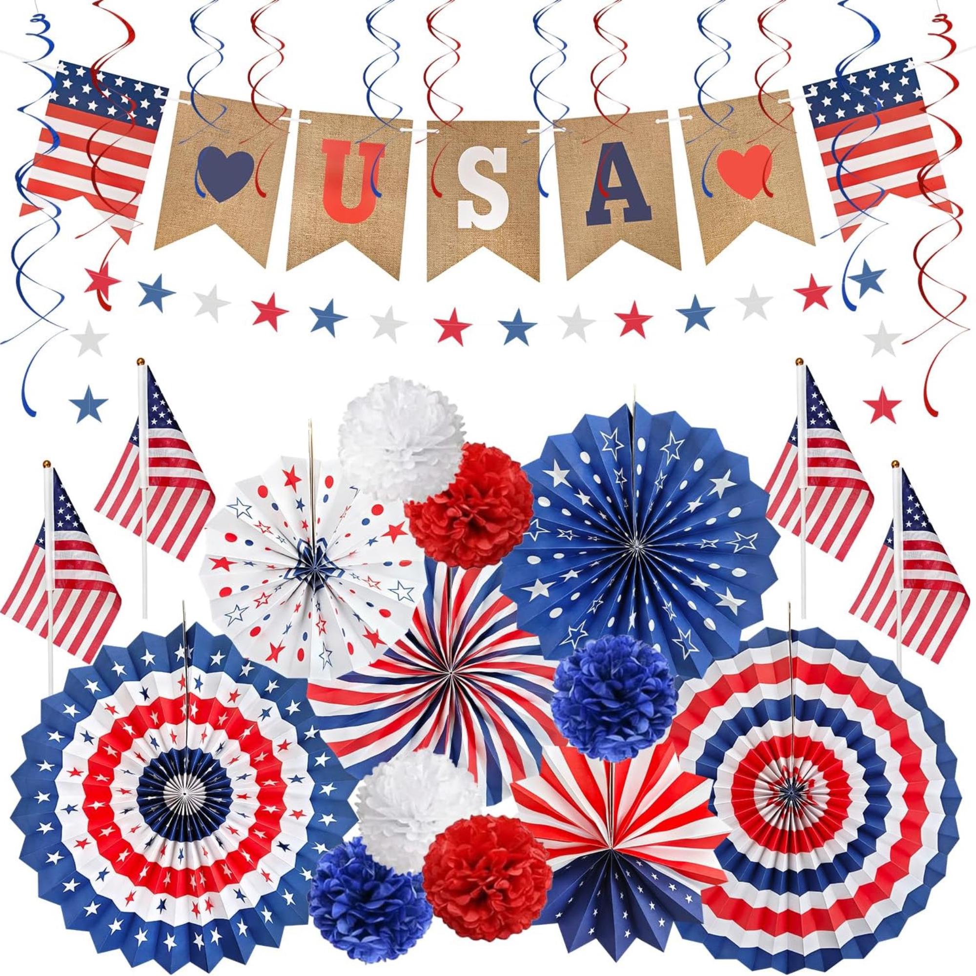 30 Piece Patriotic Party Decorations Set with Banner Fans and Swirls