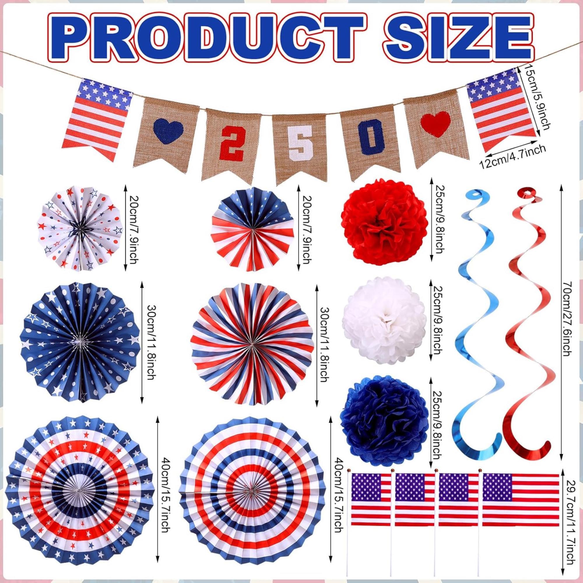 250th Anniversary Patriotic Decorations Set with Banner Fans and Party Decor