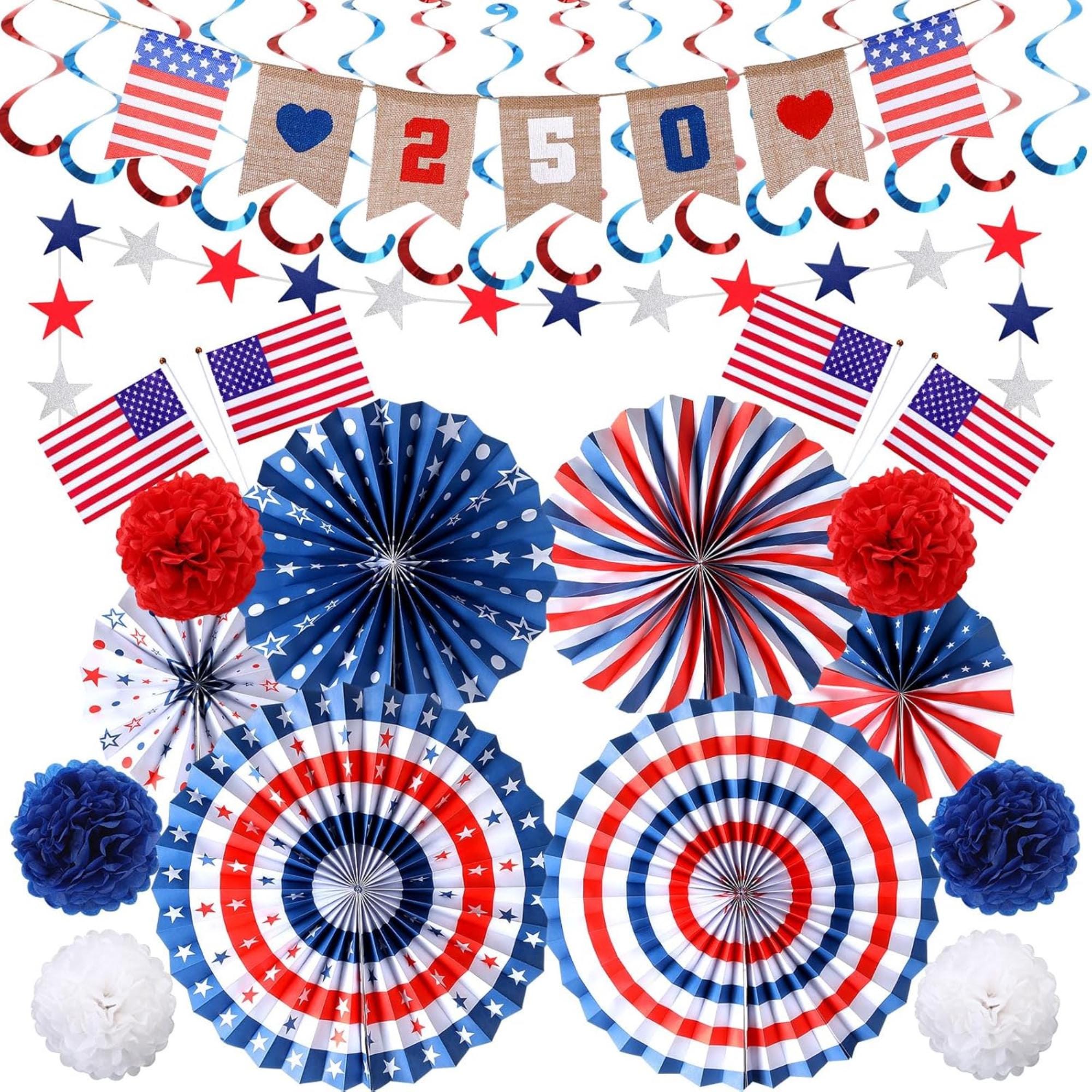 250th Anniversary Patriotic Decorations Set with Banner Fans and Party Decor