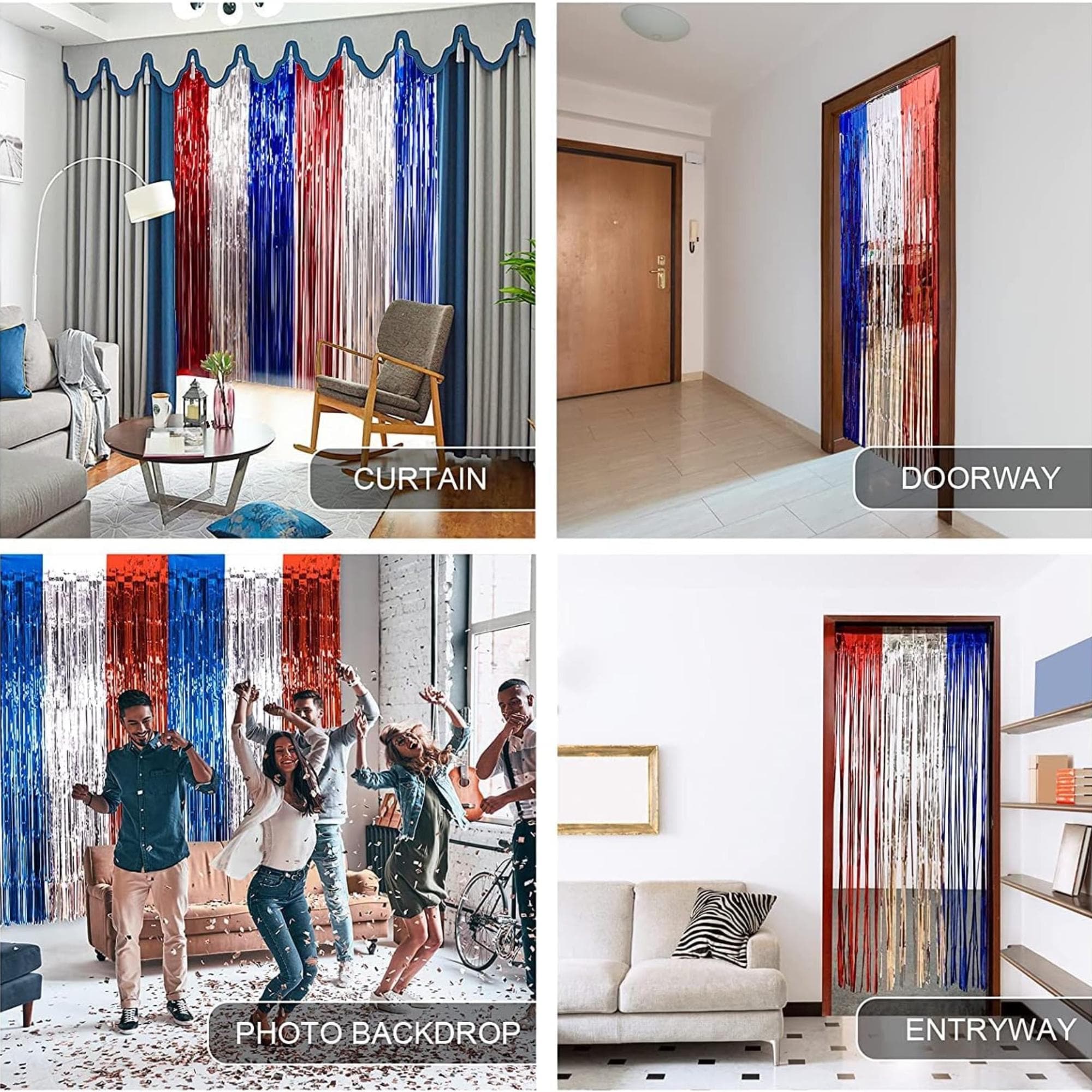 5 Pack Red White Blue Tinsel Fringe Curtains for Patriotic Party Decor