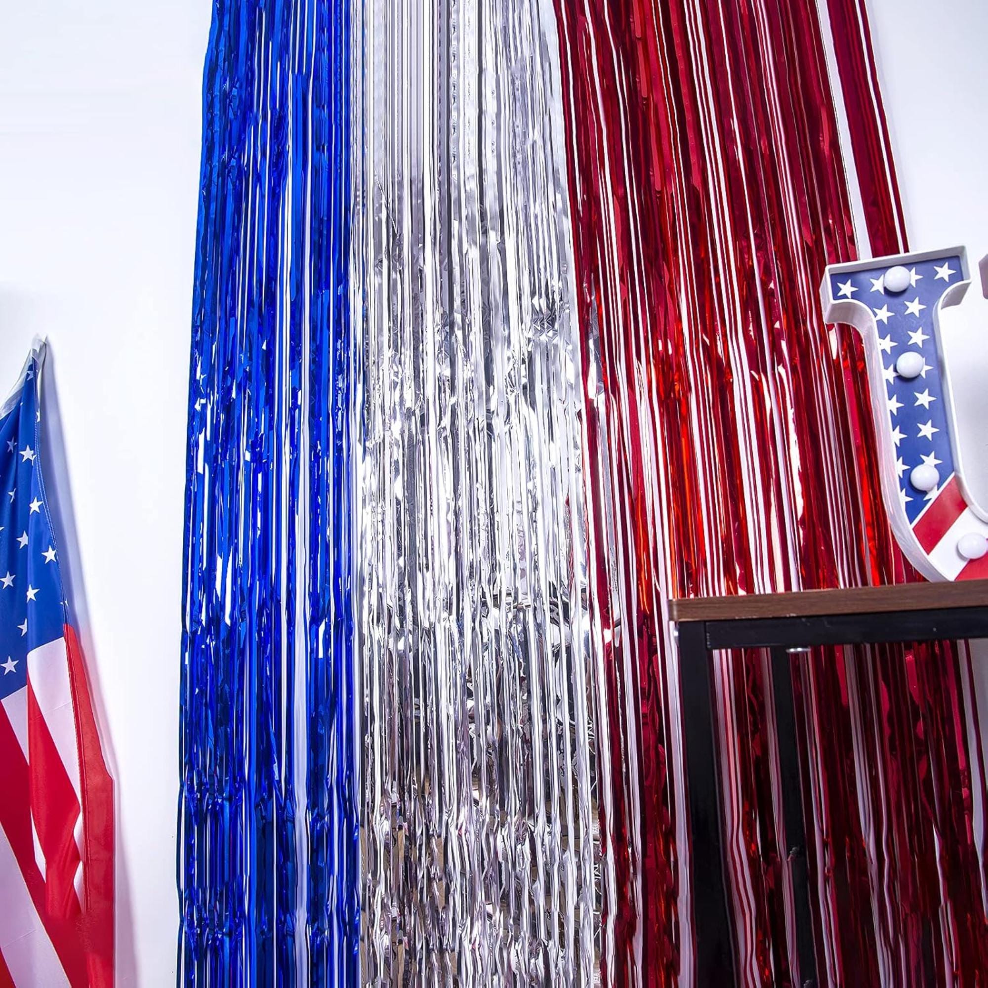 5 Pack Red White Blue Tinsel Fringe Curtains for Patriotic Party Decor