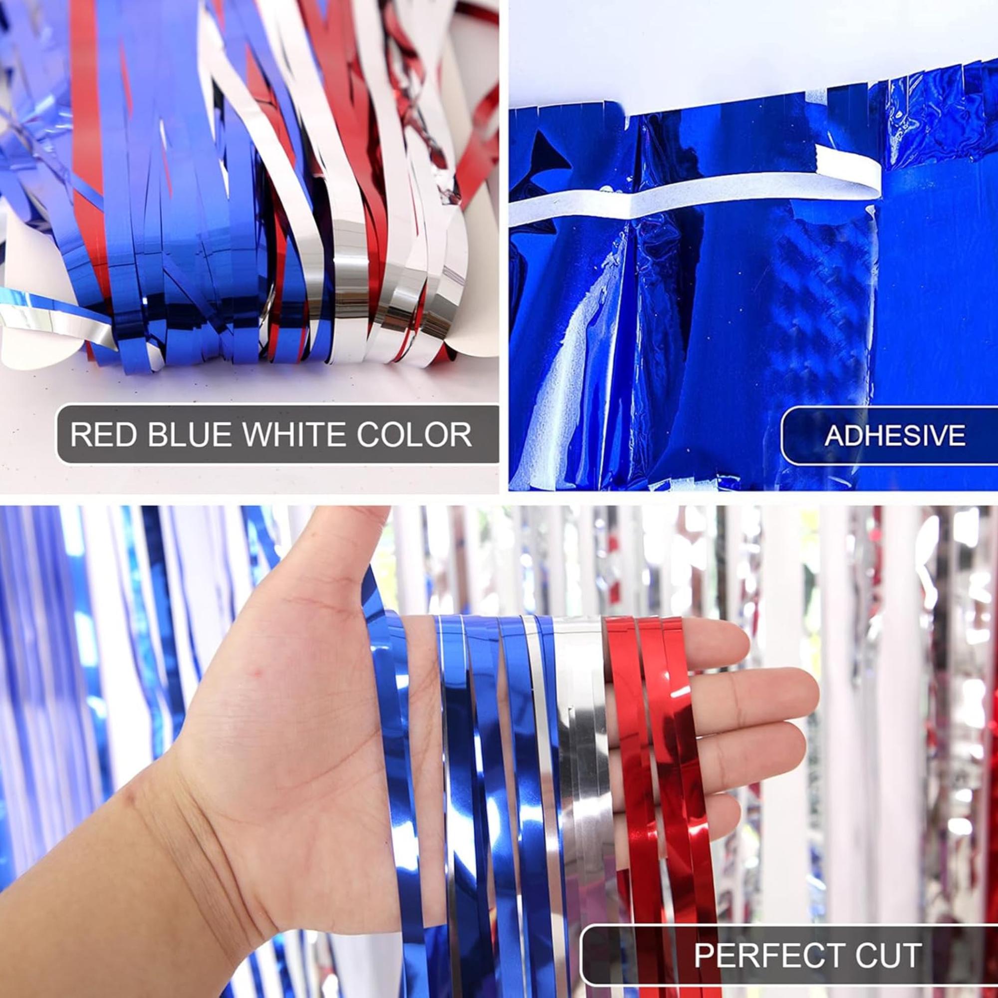 3 Pack Red White Blue Tinsel Fringe Curtains for Patriotic Party Decor