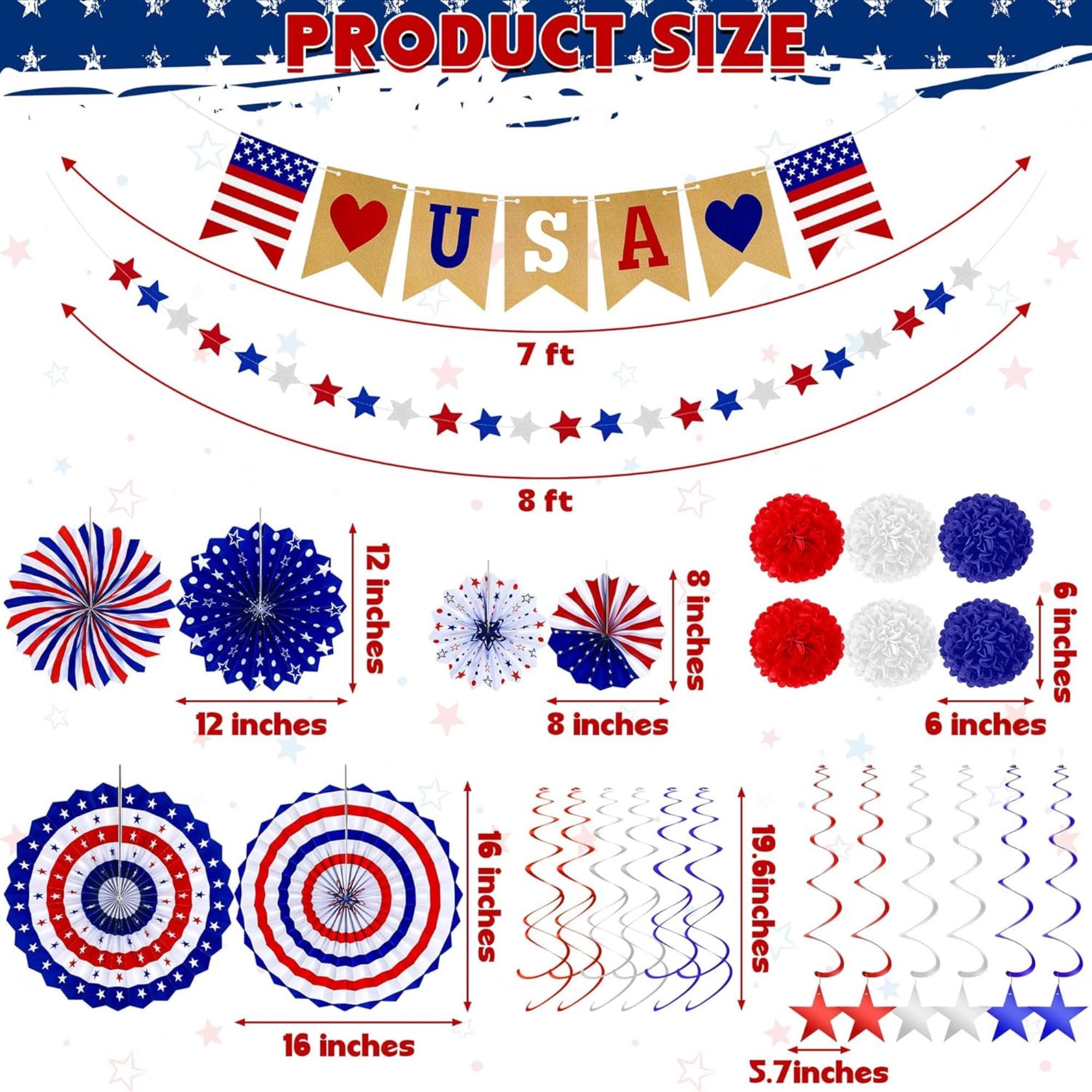 26 Piece Patriotic Decorations Set with Fans Banner Garland and Swirls