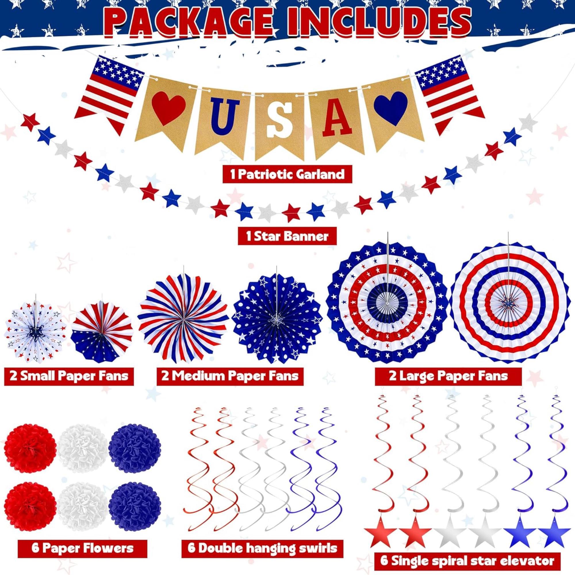 26 Piece Patriotic Decorations Set with Fans Banner Garland and Swirls
