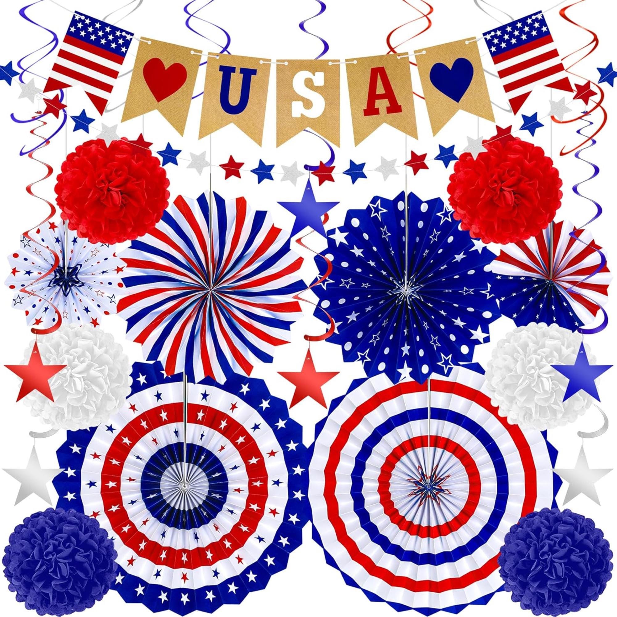 26 Piece Patriotic Decorations Set with Fans Banner Garland and Swirls