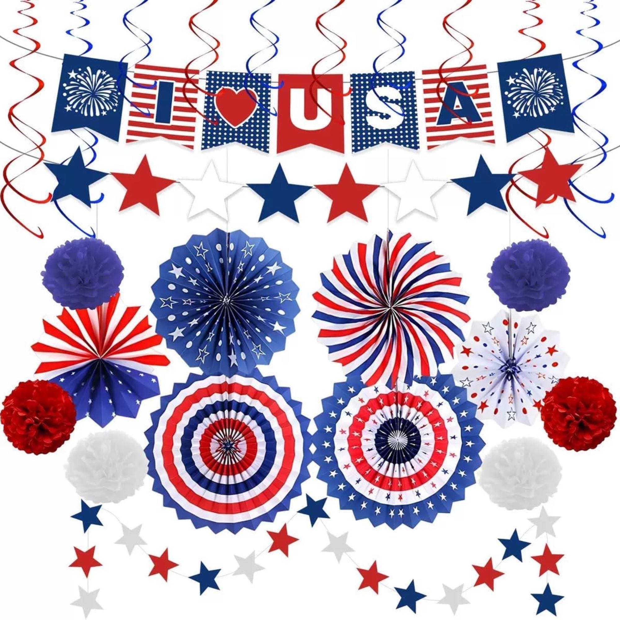 Patriotic Decorations Set with Banner Fans Streamers and Pom Poms