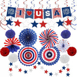 Patriotic Decorations Set with Banner Fans Streamers and Pom Poms