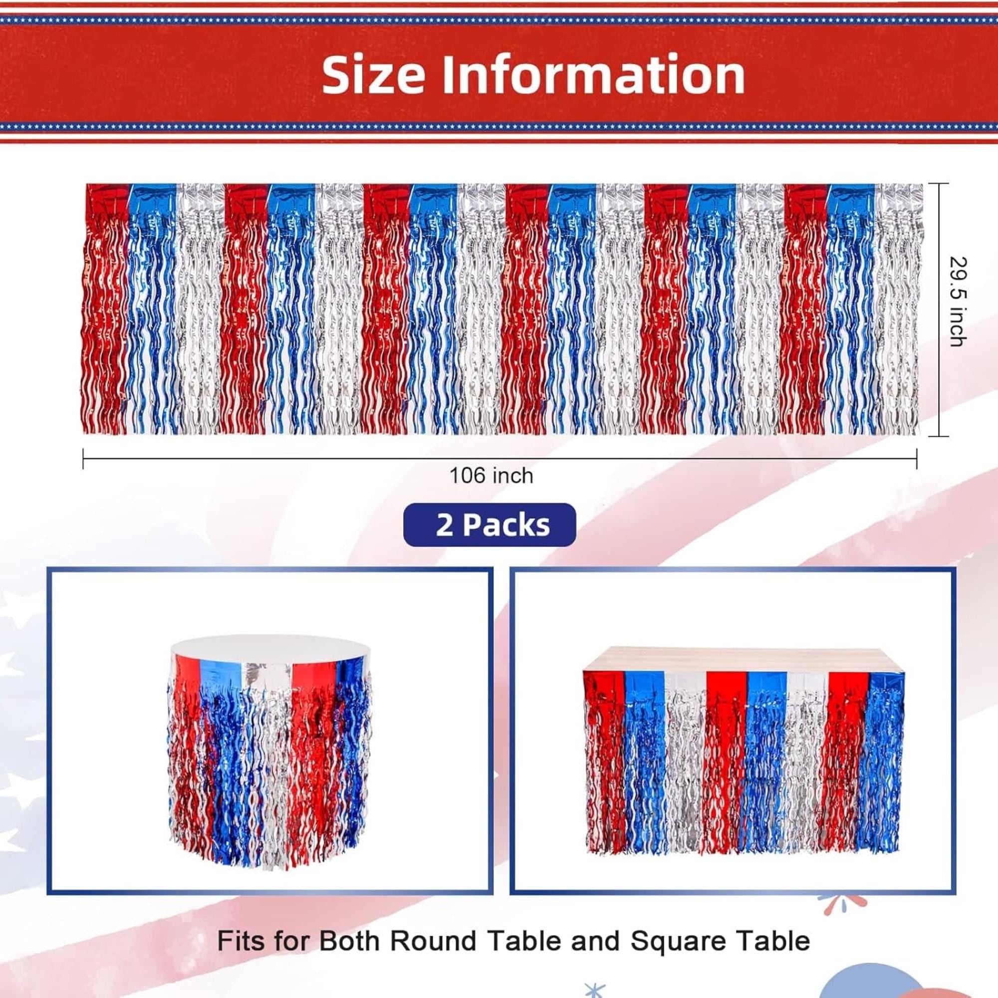 2 Pack Red White Blue Tinsel Table Skirt for Patriotic Party Décor