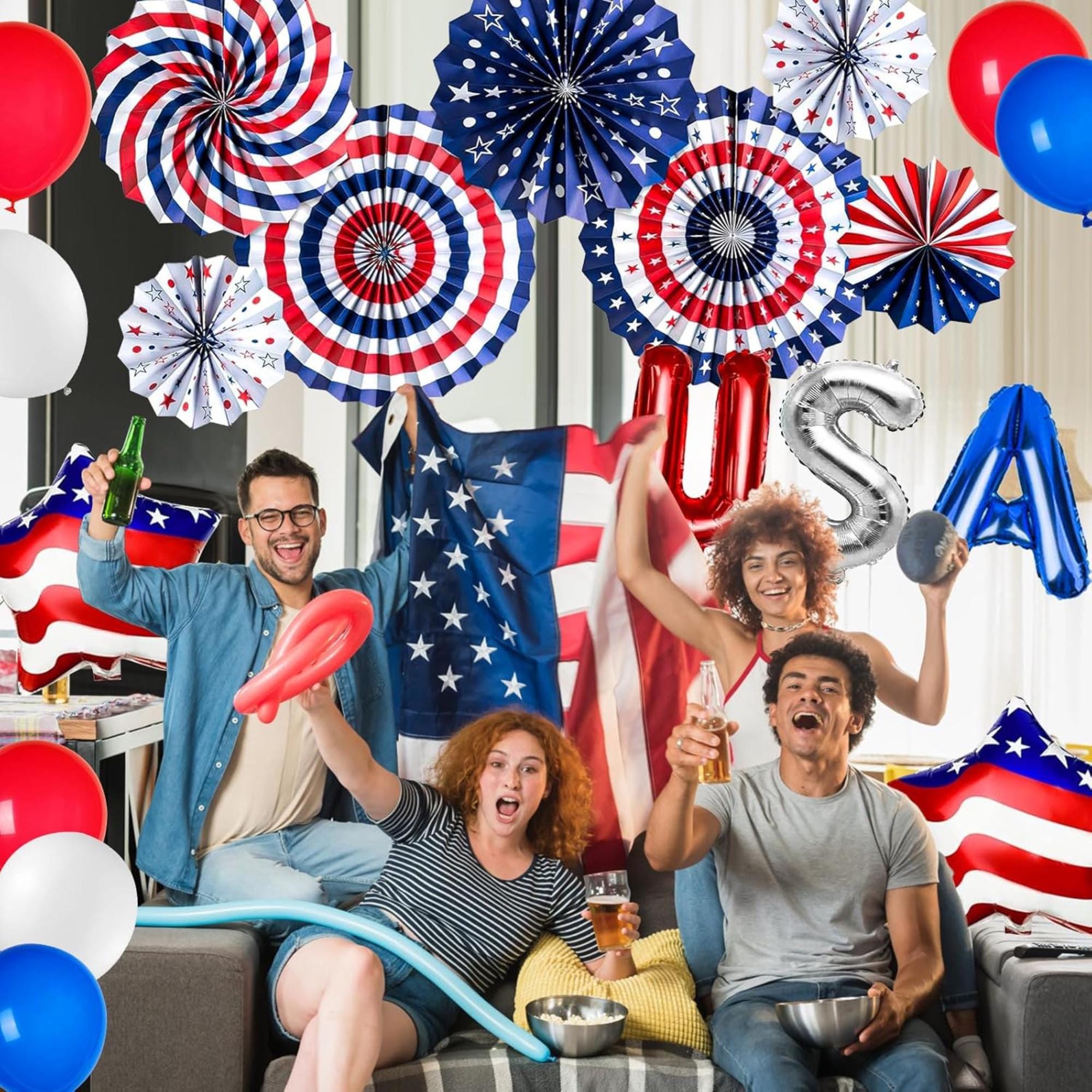 Patriotic Party Decorations Set with Balloons Paper Fans and Star Décor