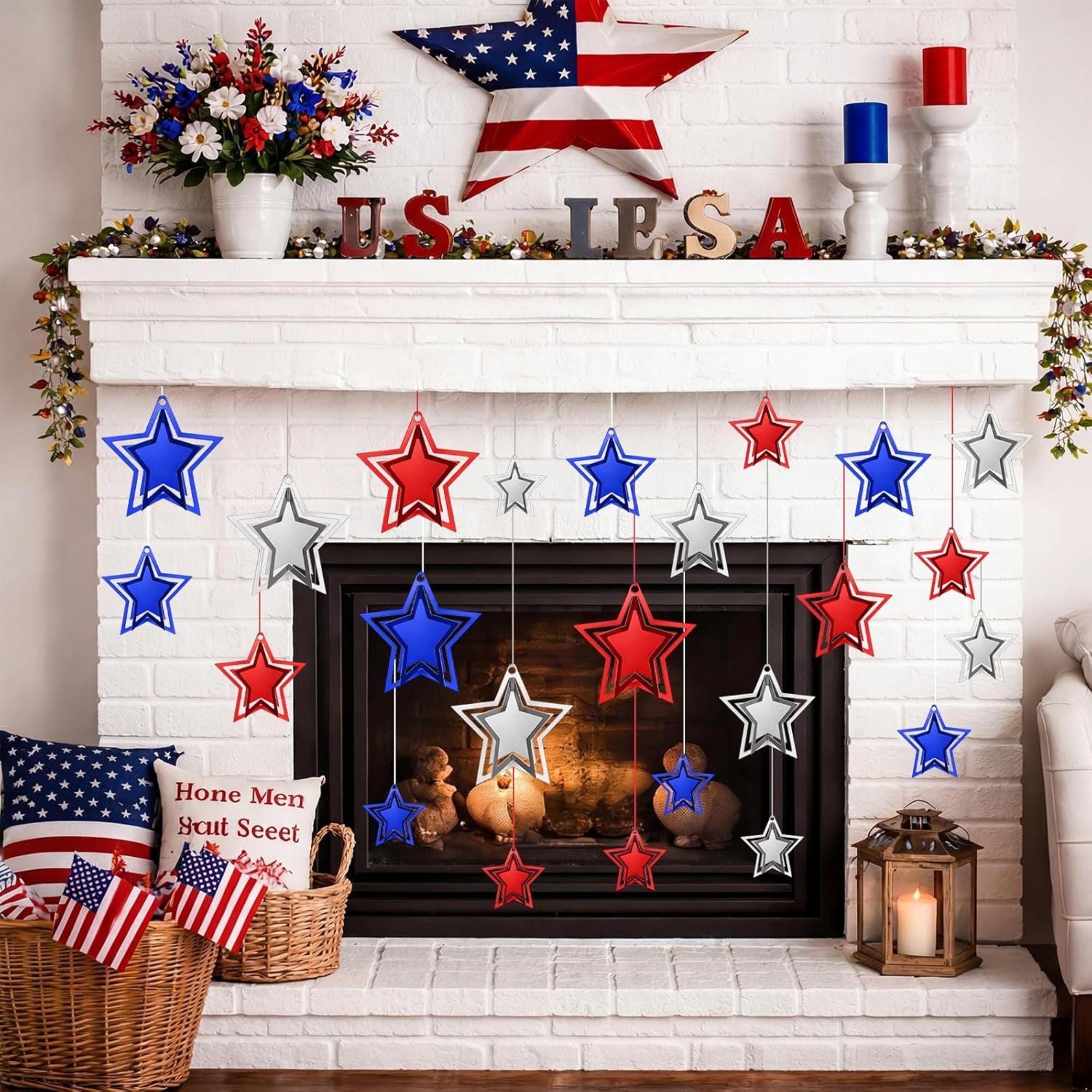 48 Piece Patriotic Star Hanging Decorations with Swirl Garland Set