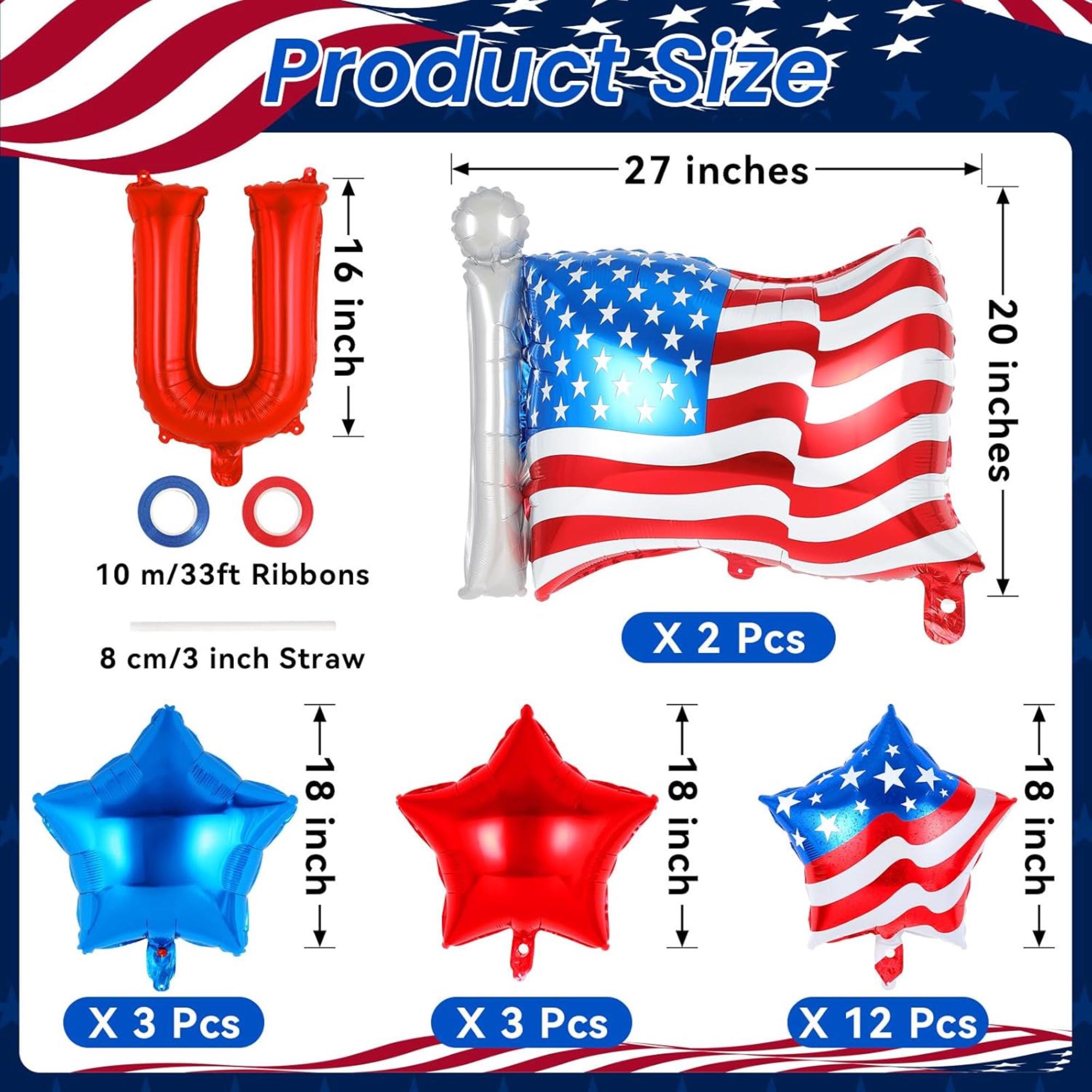 23 Piece Patriotic Foil Balloons Set with USA Letters and Star Balloons