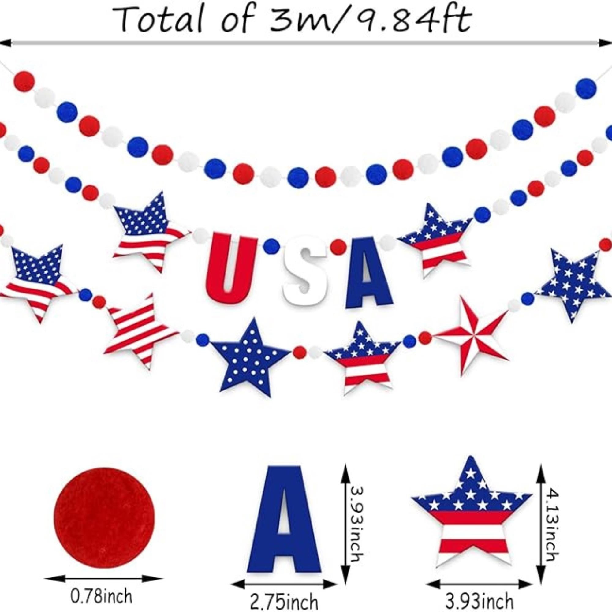 3 Piece Patriotic Felt Garland Banner with Star and Pom Bunting