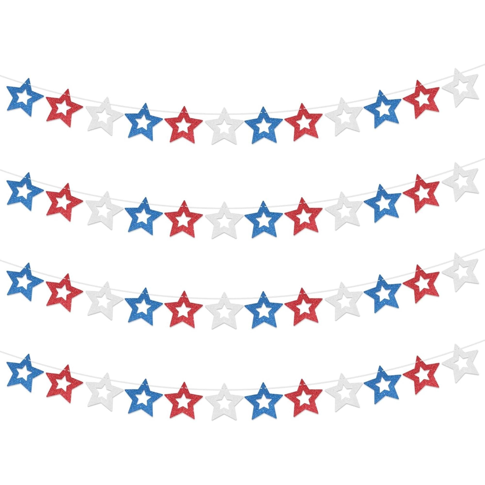 4 Pack Patriotic Glitter Star Garland Banner for Party Decorations