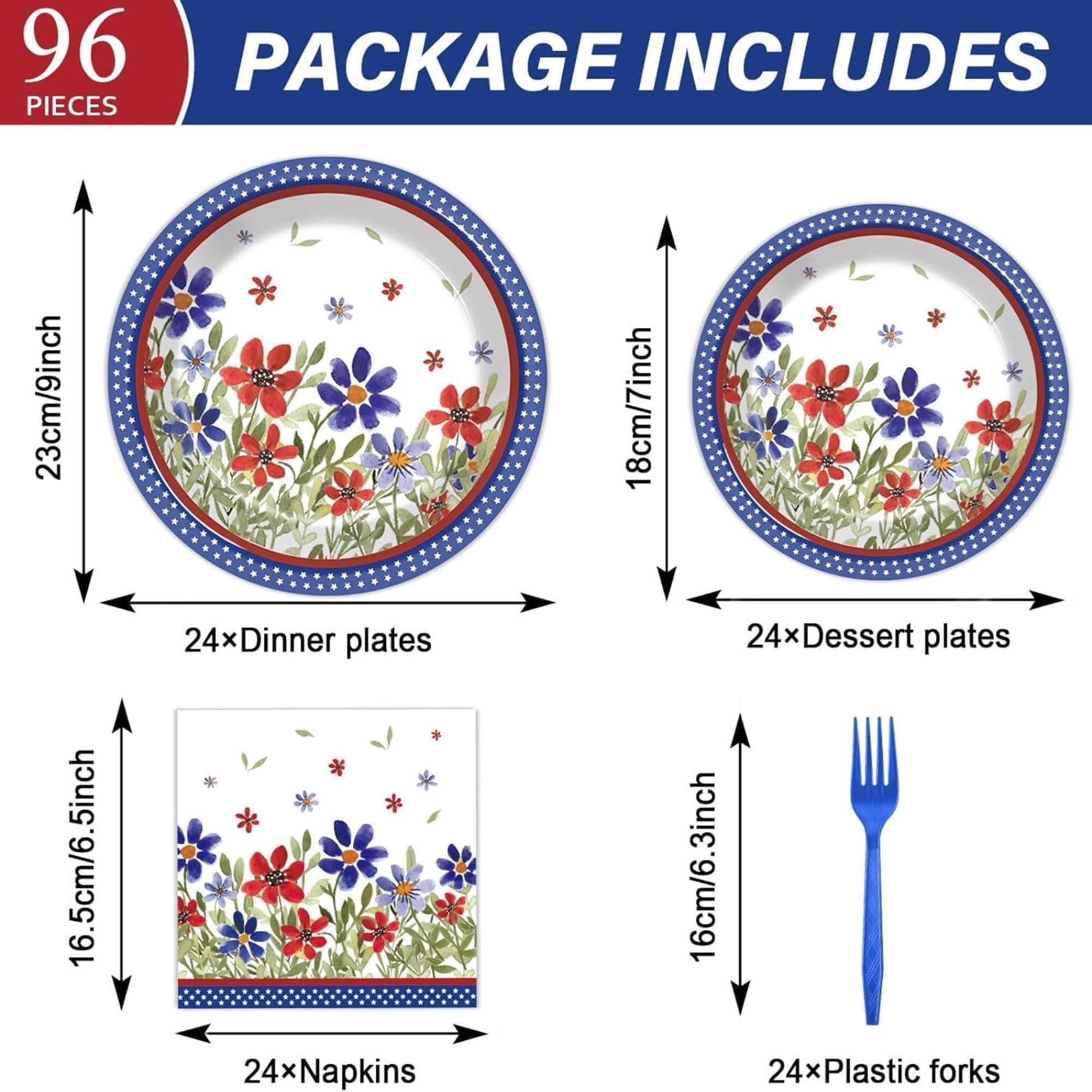 96 Piece Patriotic Tableware Set Plates and Napkins for Party Decor