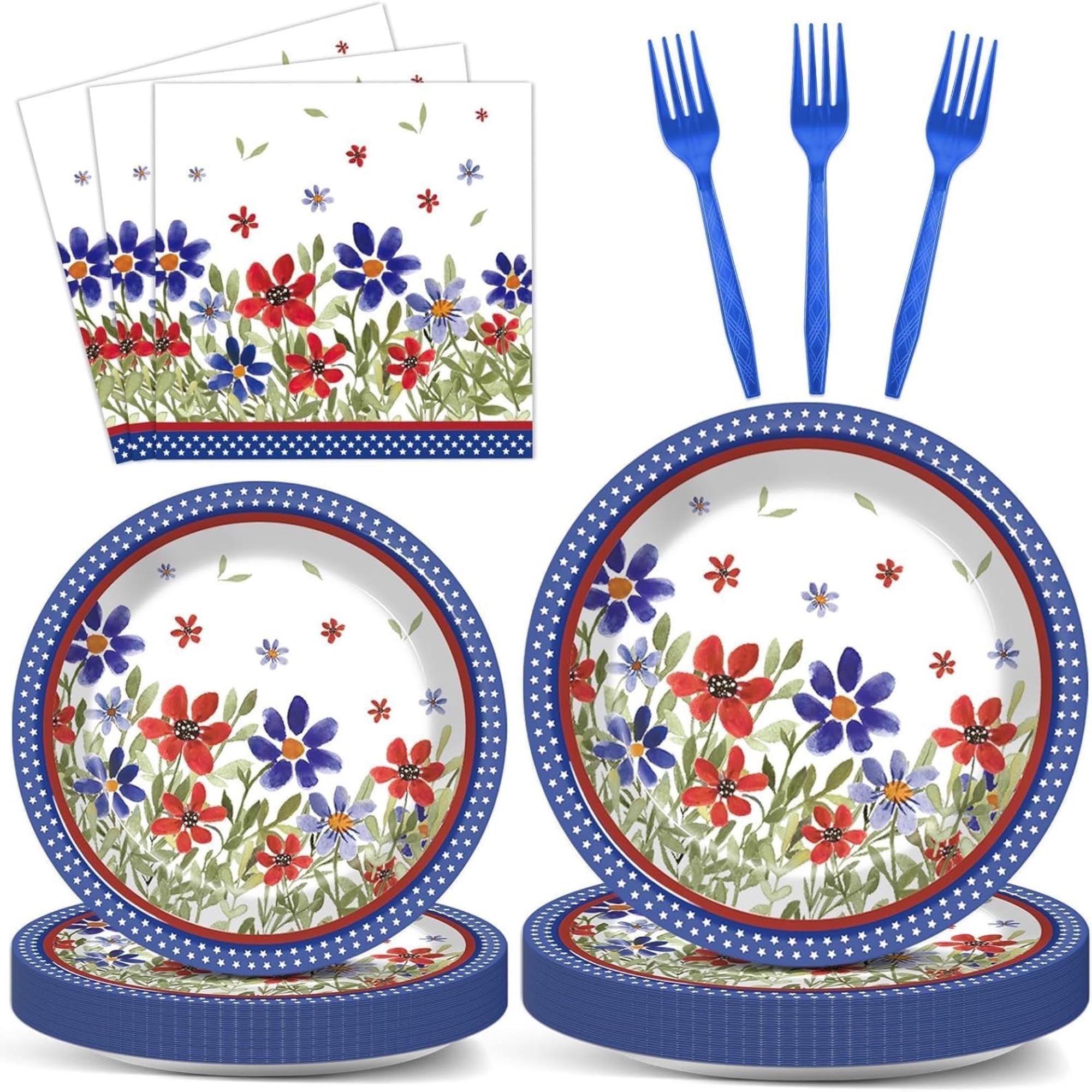 96 Piece Patriotic Tableware Set Plates and Napkins for Party Decor