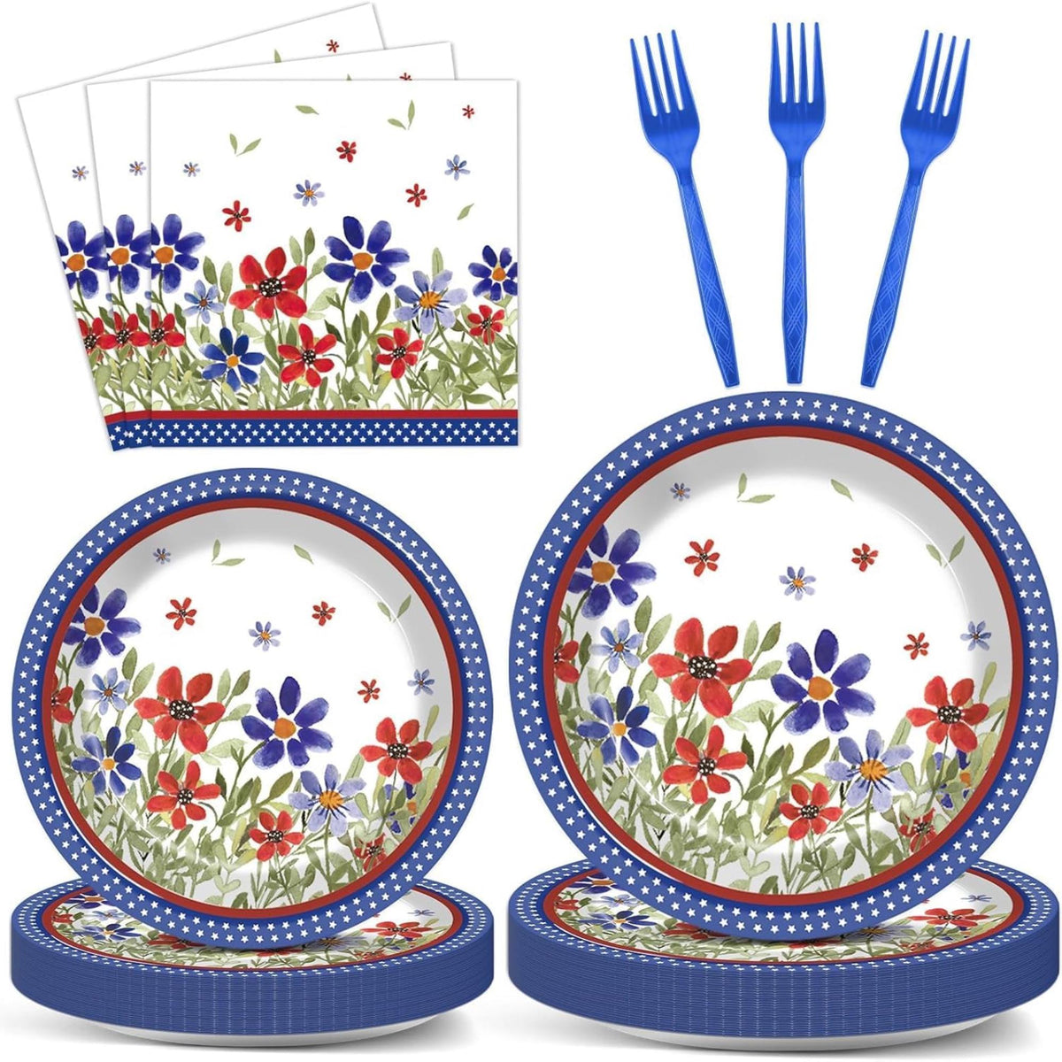 96 Piece Patriotic Tableware Set Plates and Napkins for Party Decor
