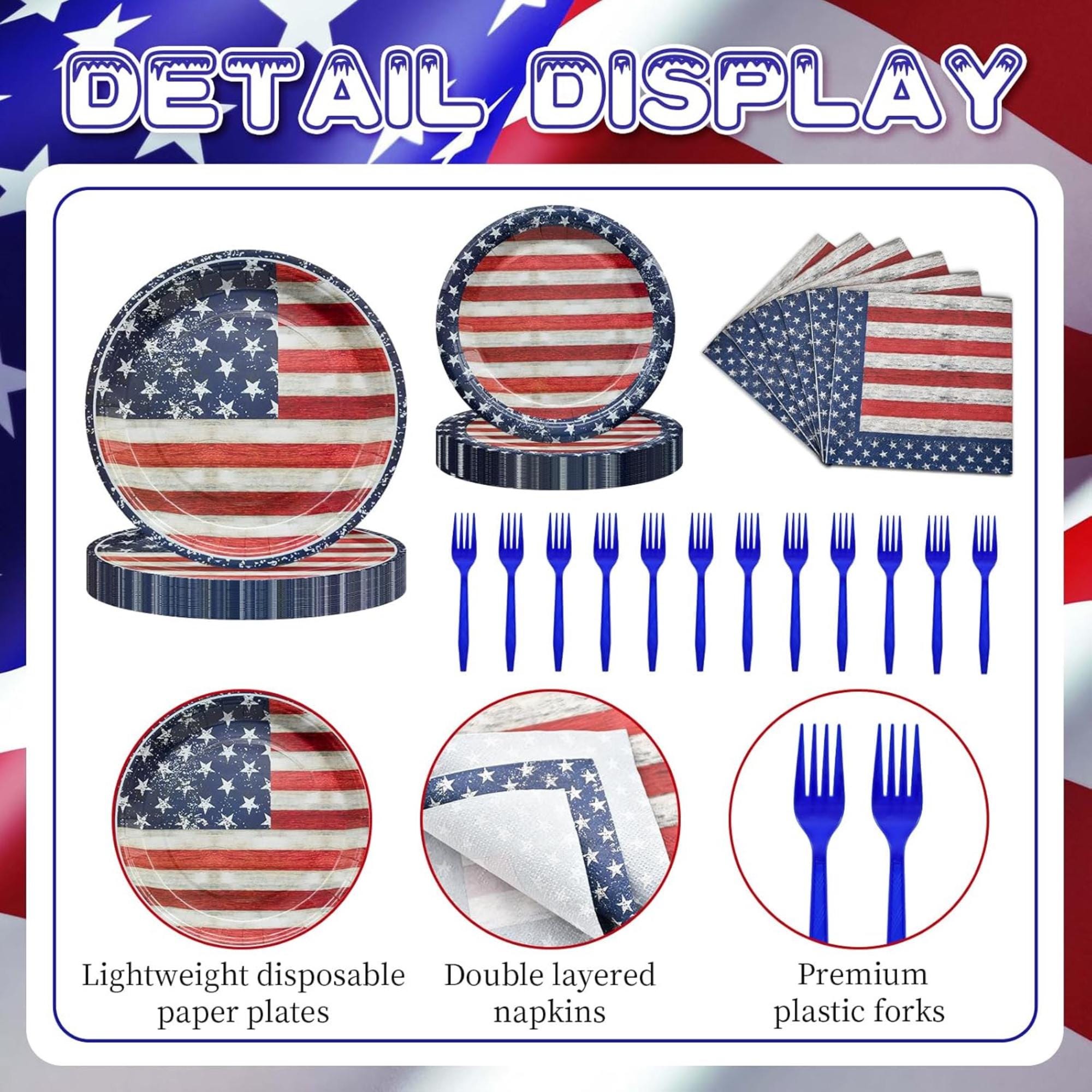 96 Piece Patriotic Tableware Set with Plates Napkins and Forks