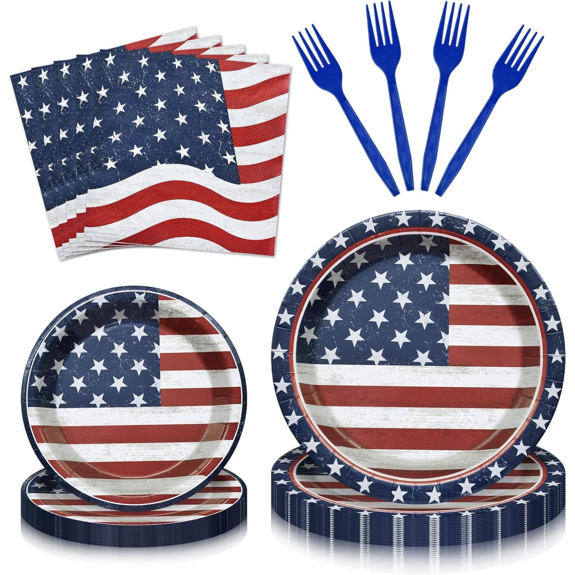 96 Piece Patriotic Tableware Set with Plates Cups Napkins Forks