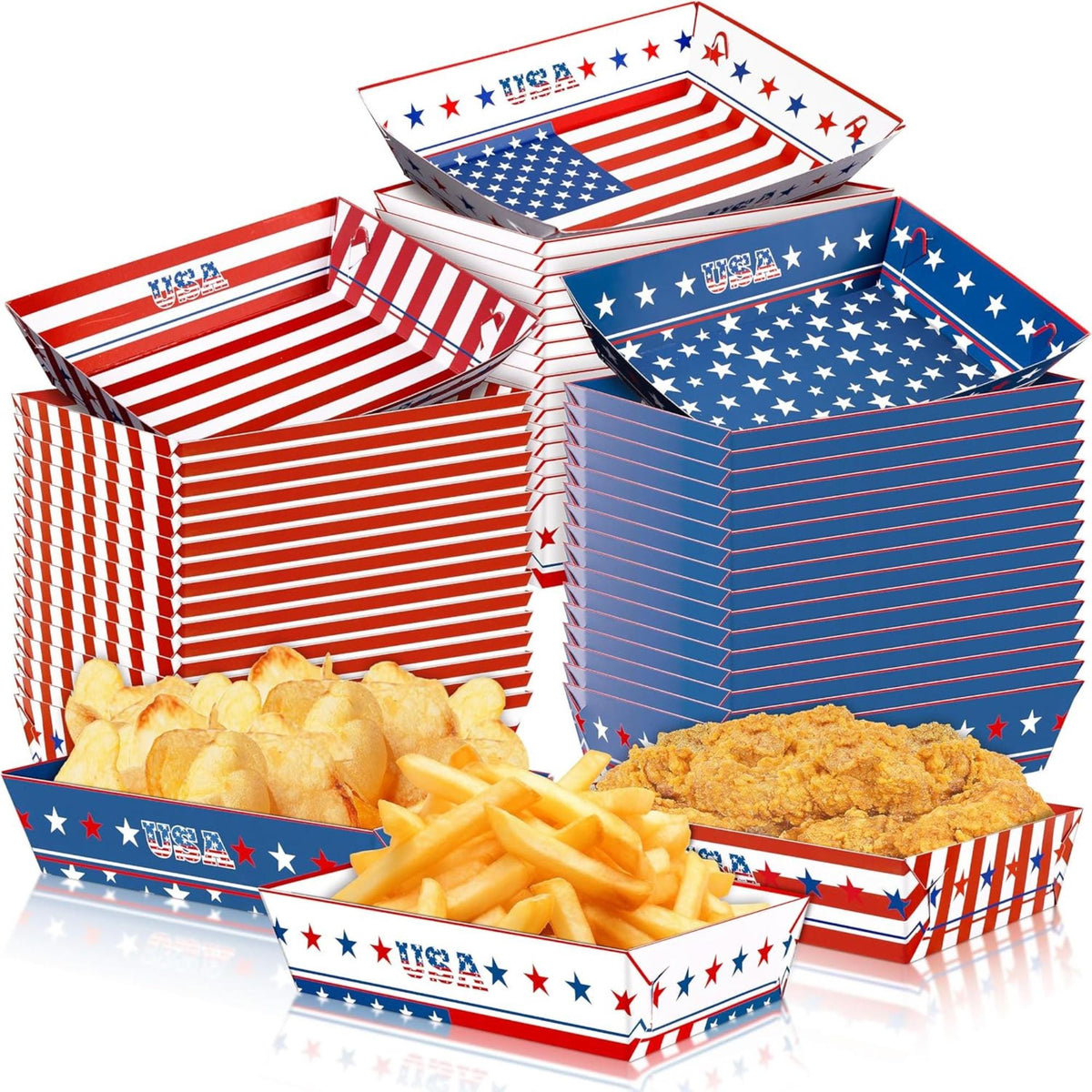 100 Pack Patriotic Paper Food Trays Disposable Serving Plates Bulk