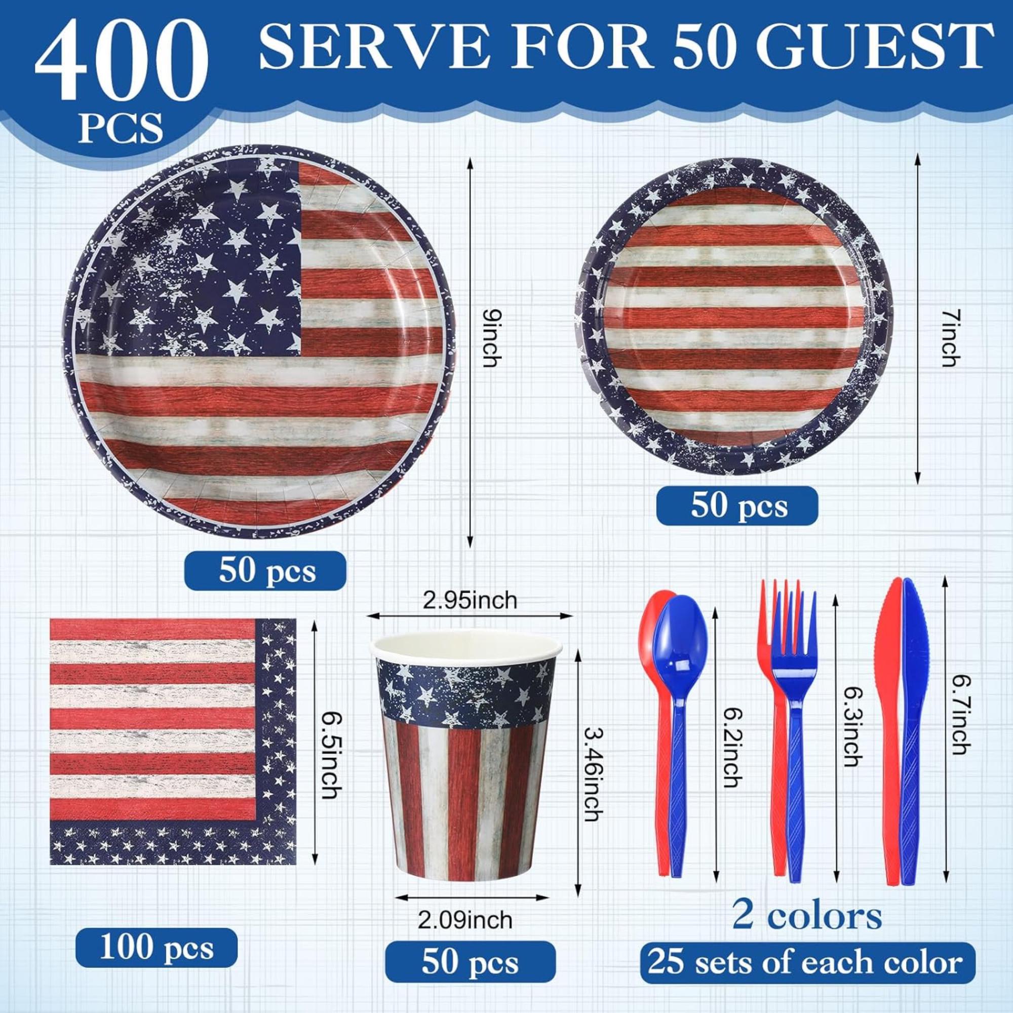 400 Piece Patriotic Tableware Set Plates Napkins Cups for Party