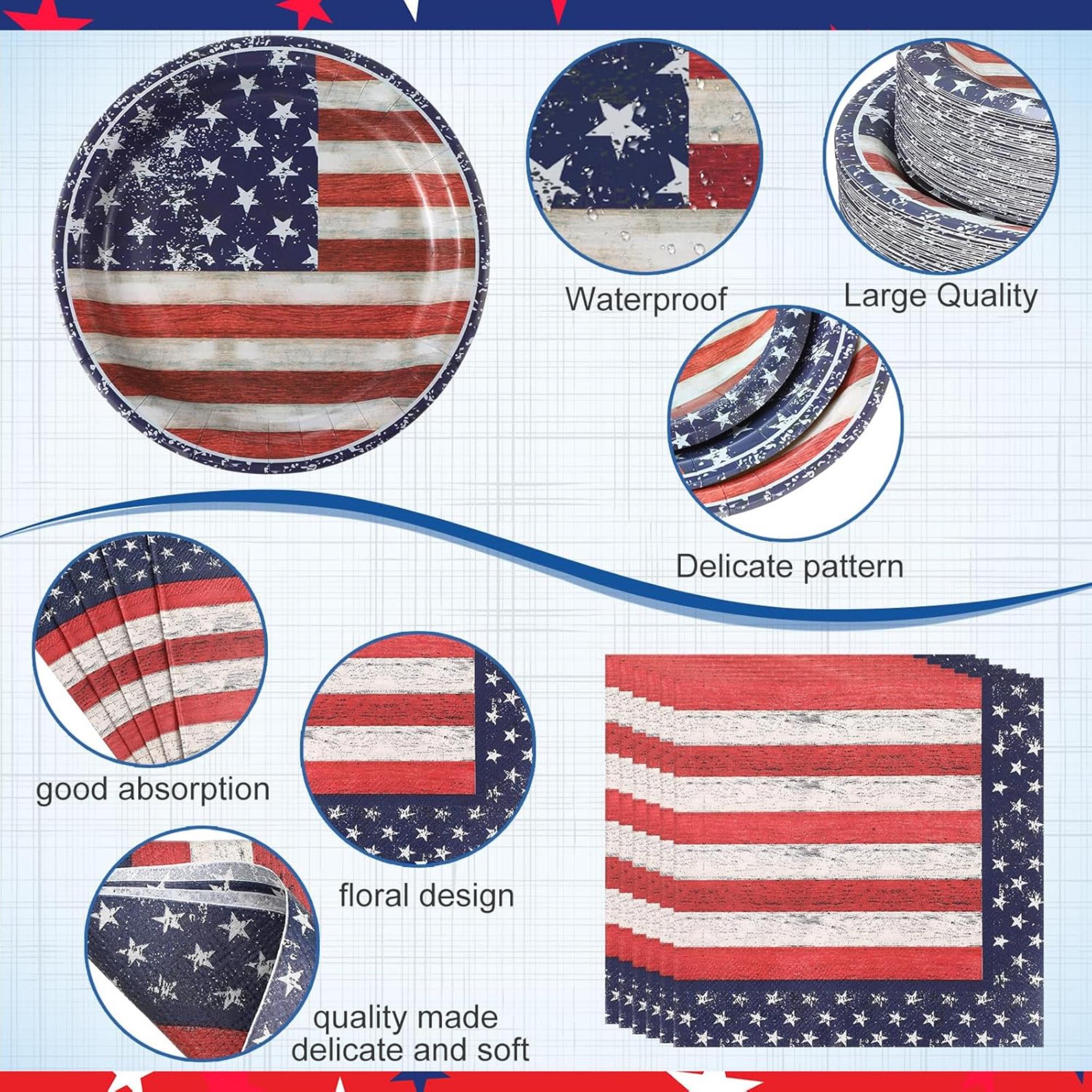400 Piece Patriotic Tableware Set Plates Napkins Cups for Party
