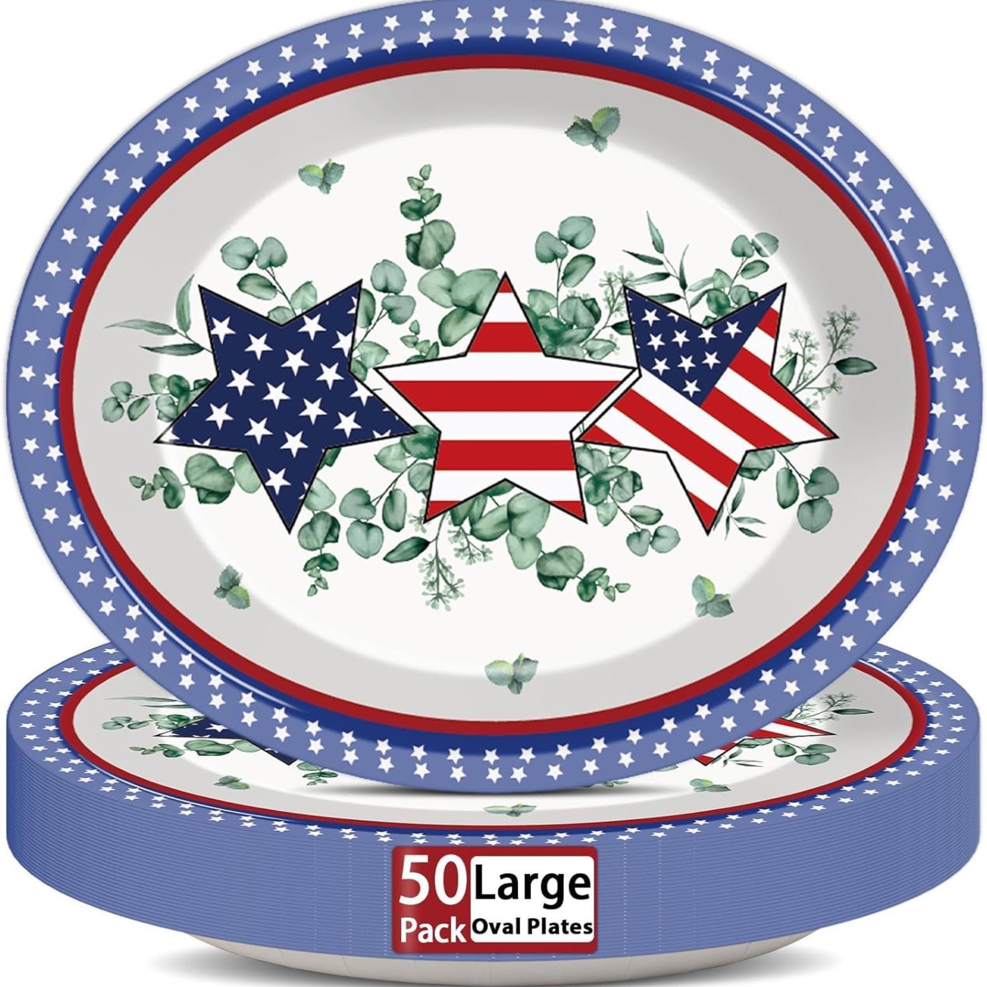 50 Piece Patriotic Eucalyptus Oval Paper Plates for Party Décor