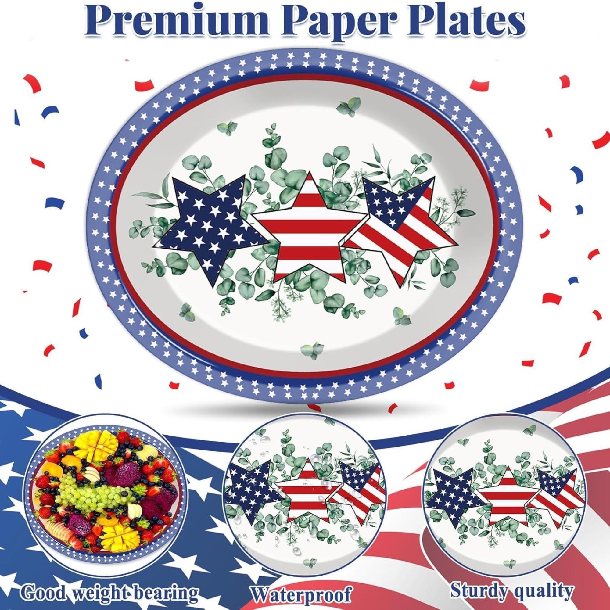 50 Piece Patriotic Eucalyptus Oval Paper Plates for Party Décor