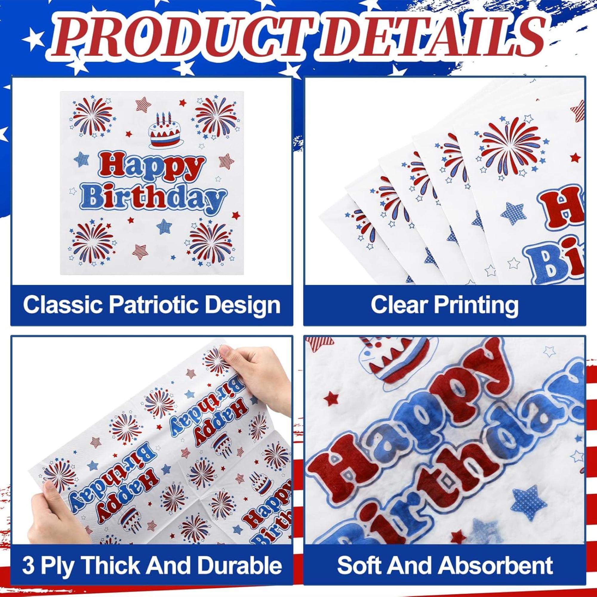 50 Count Patriotic Birthday Napkins Star Design 13x13 Inch Disposable