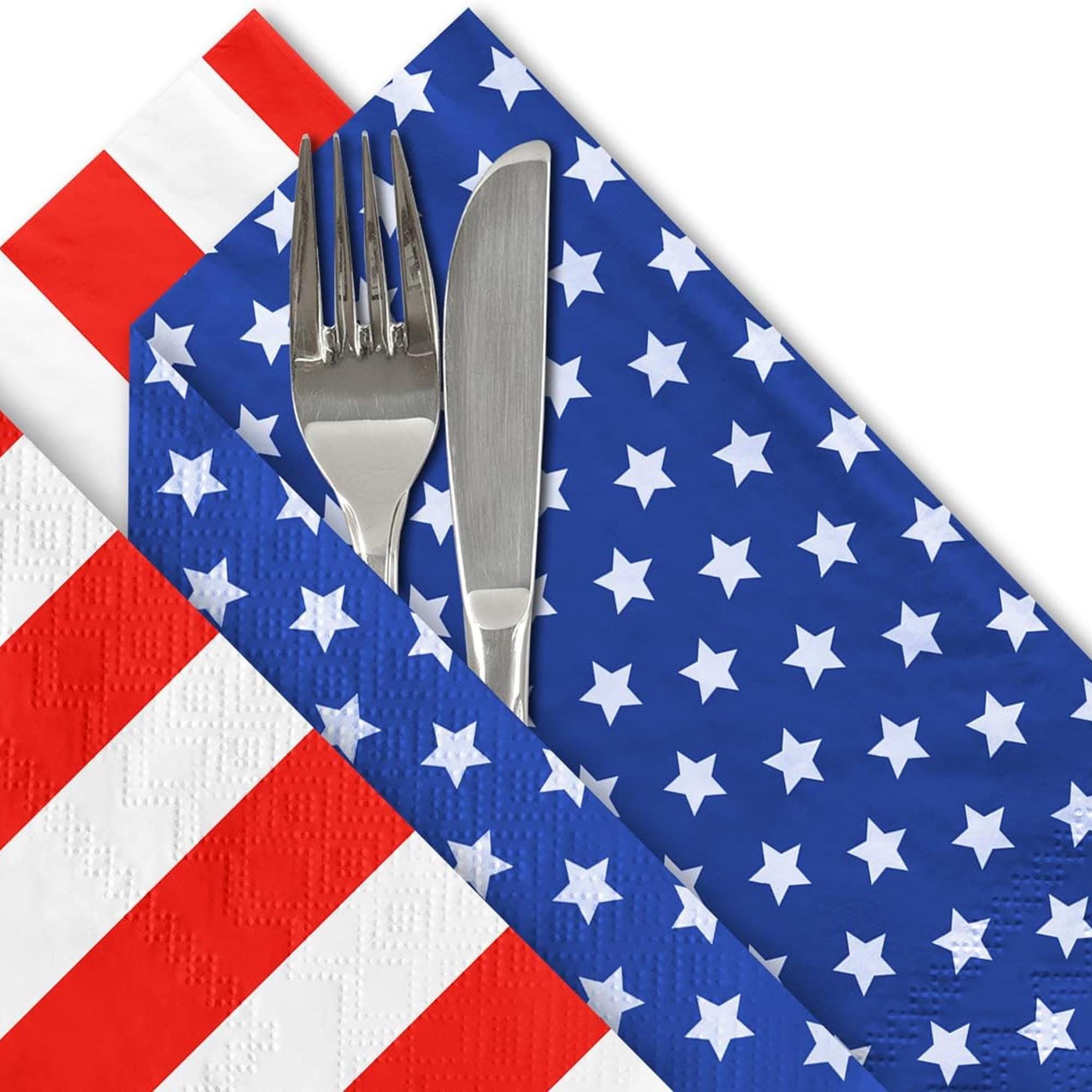 80 Count Patriotic Cocktail Napkins Set Stars and Stripes Design