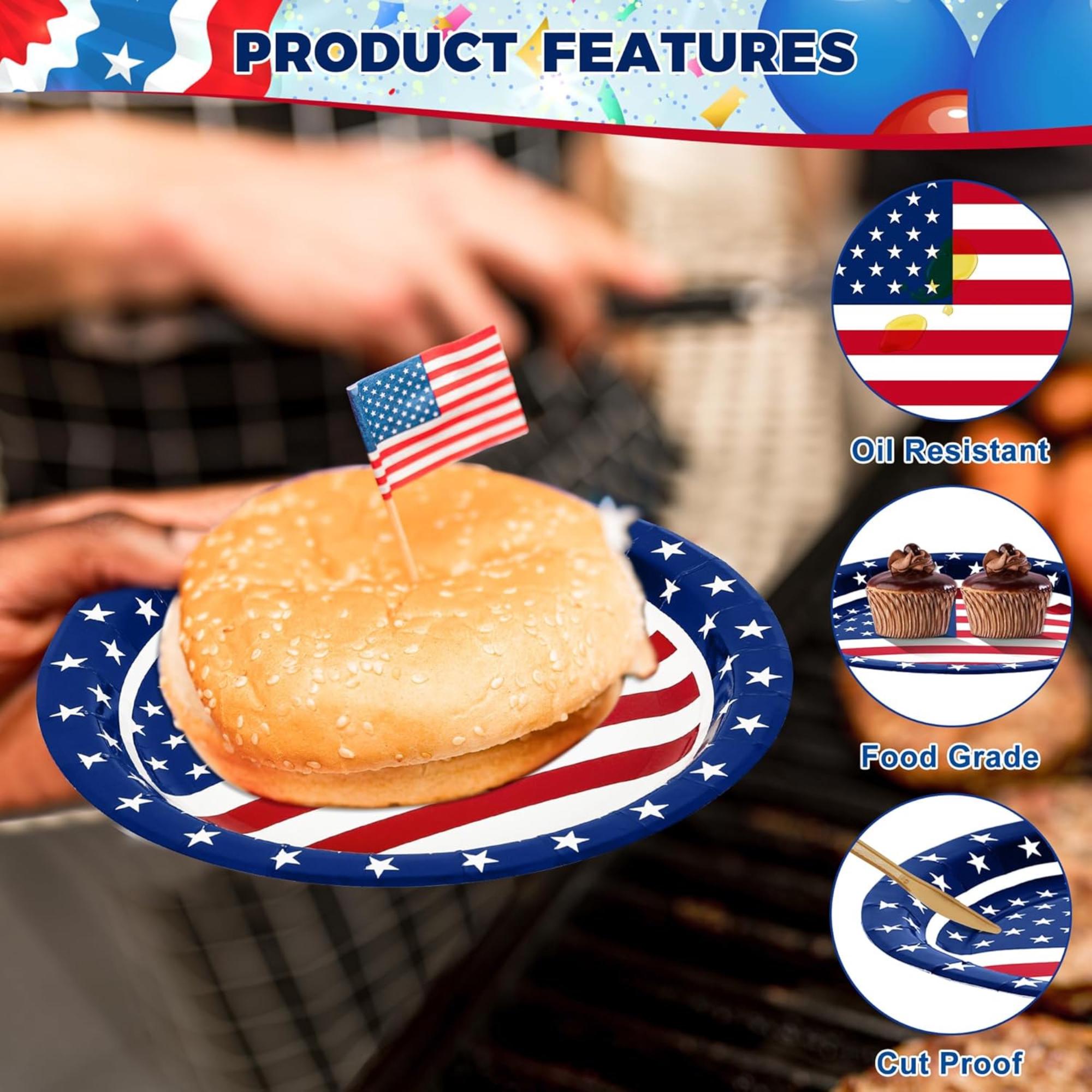 50 Set Patriotic Plates and Napkins 9 Inch Disposable Party Tableware