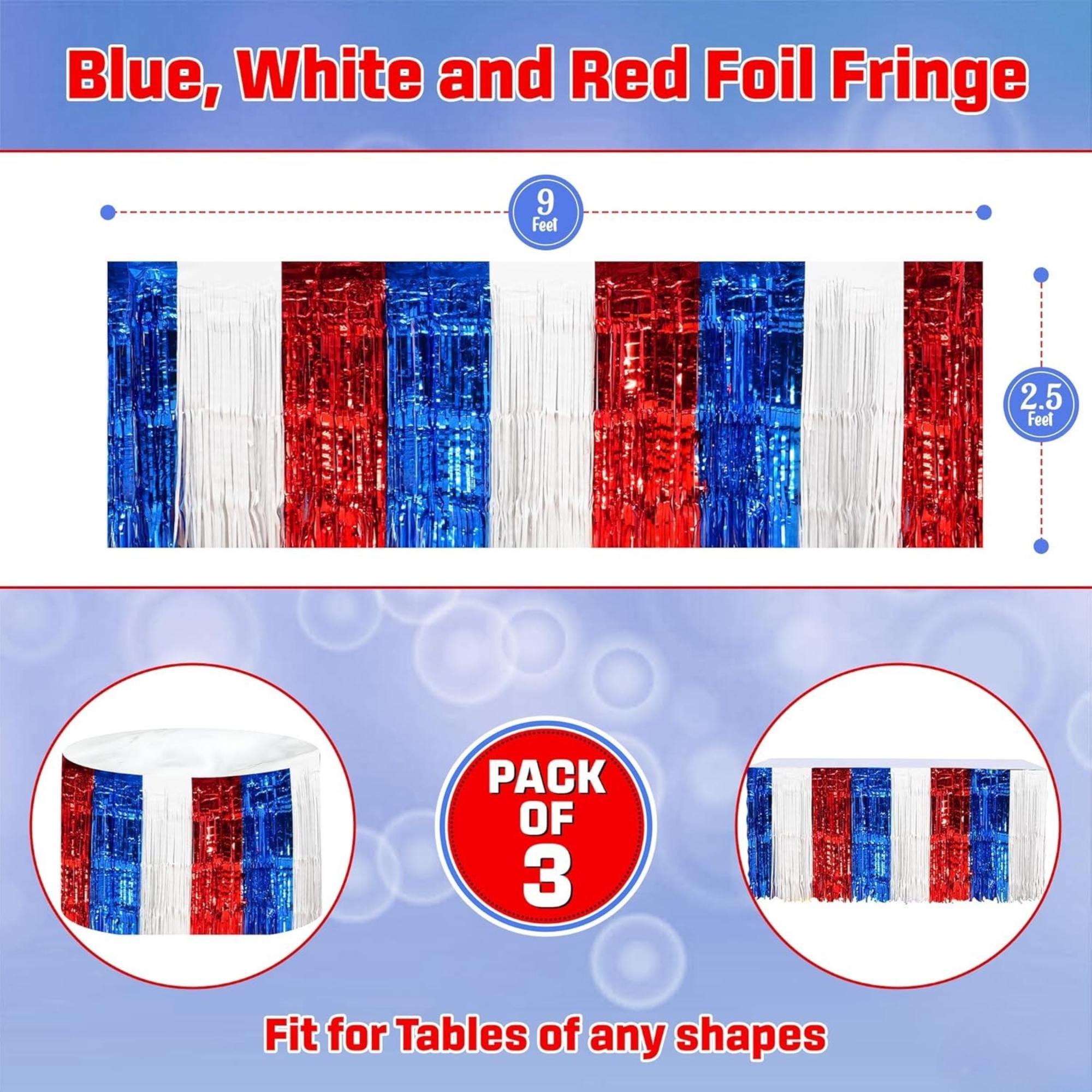 3 Pack Patriotic Fringe Table Skirt 2.5x9 ft. Red White Blue Décor