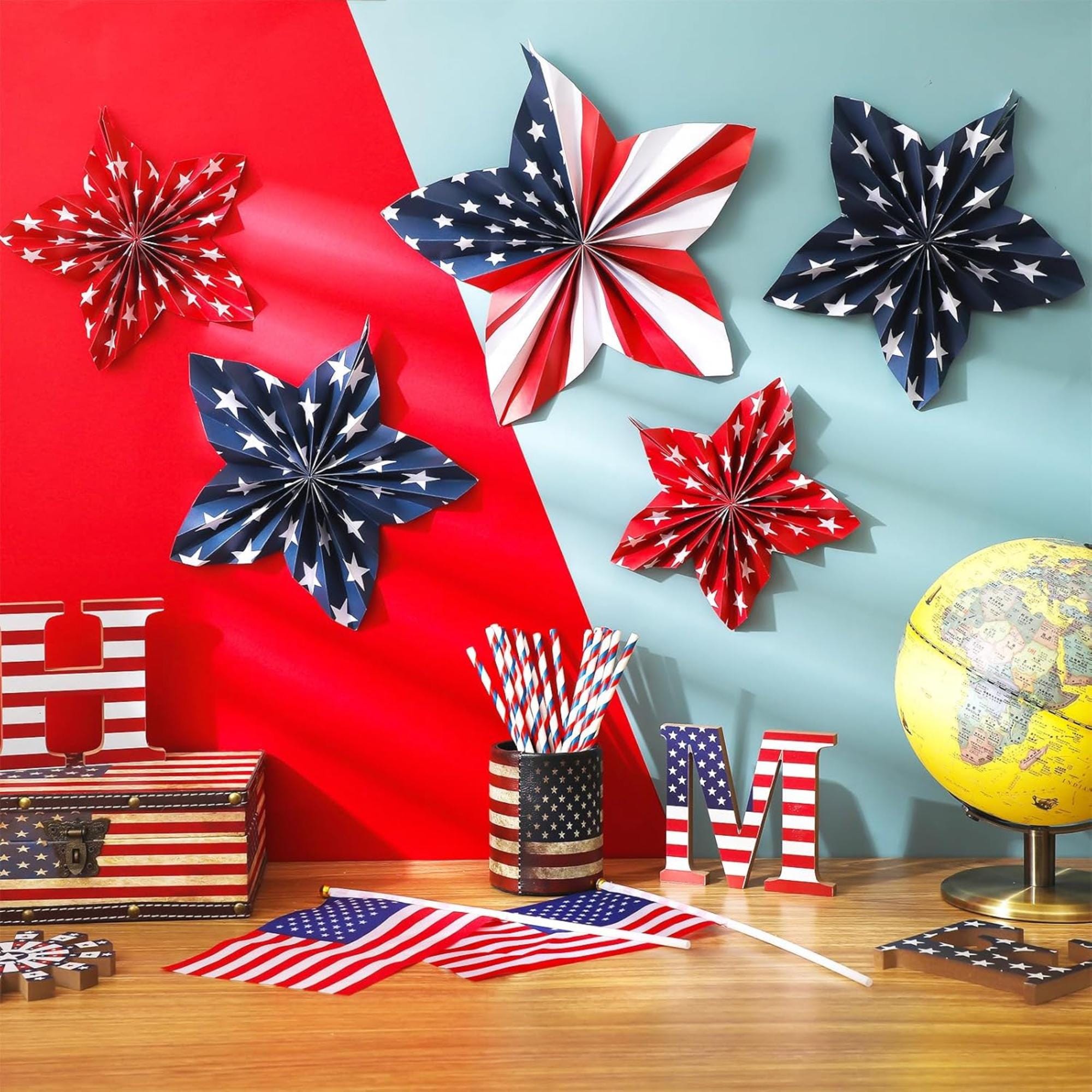 12 Piece Patriotic Paper Fan Decorations Red White Blue Hanging Set